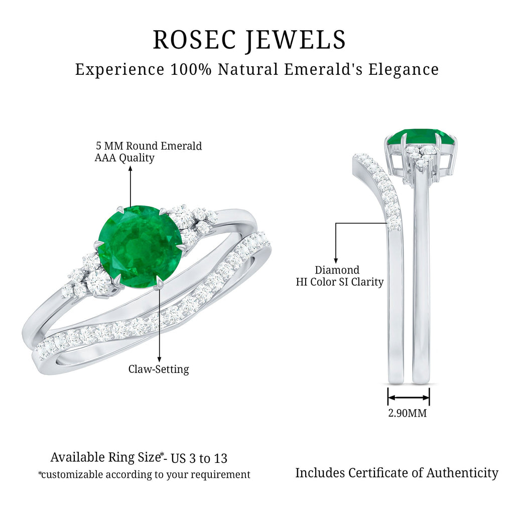 Natural Emerald Diamond Wedding Bridal Ring Set of 2