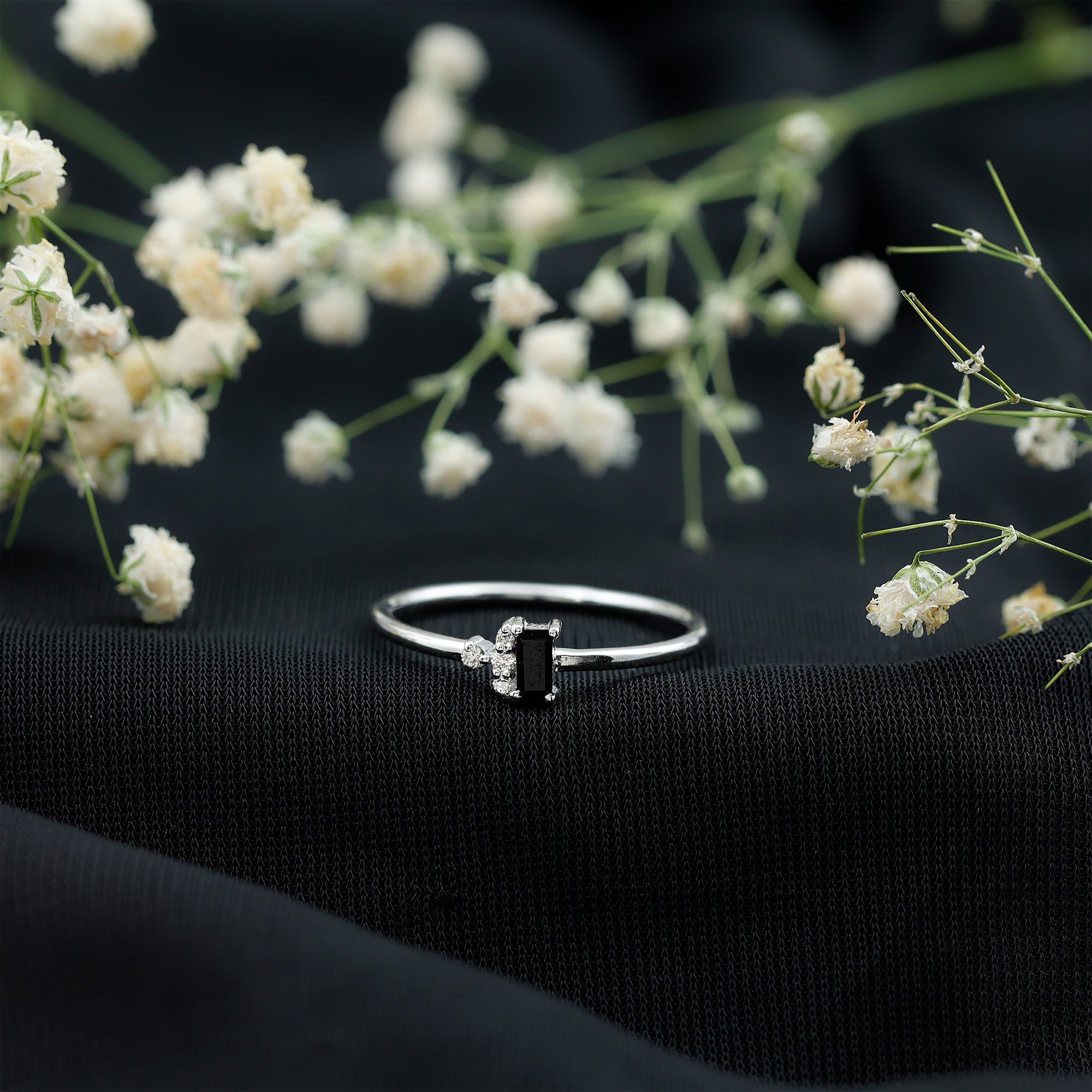 Dainty Promise Ring with Octagon Cut Black Spinel and Diamond