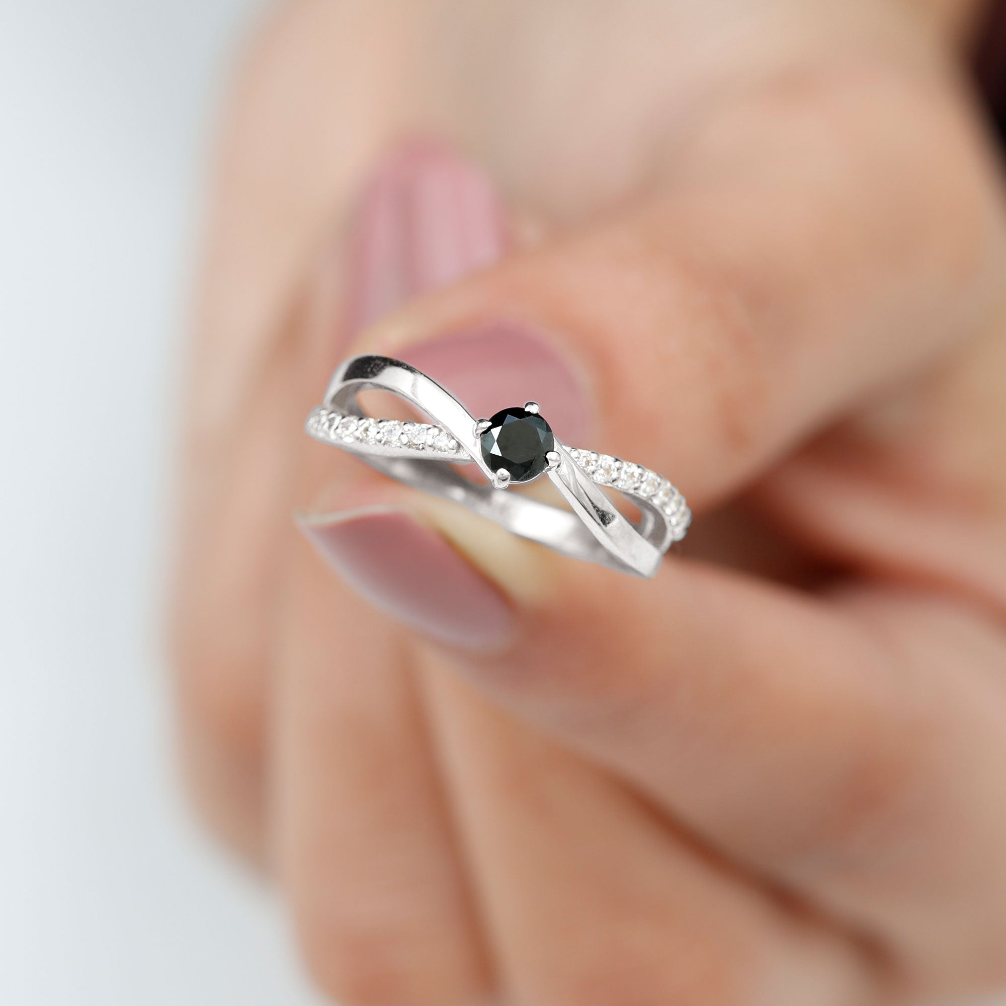 Certified Real Black Spinel Promise Ring with Diamond