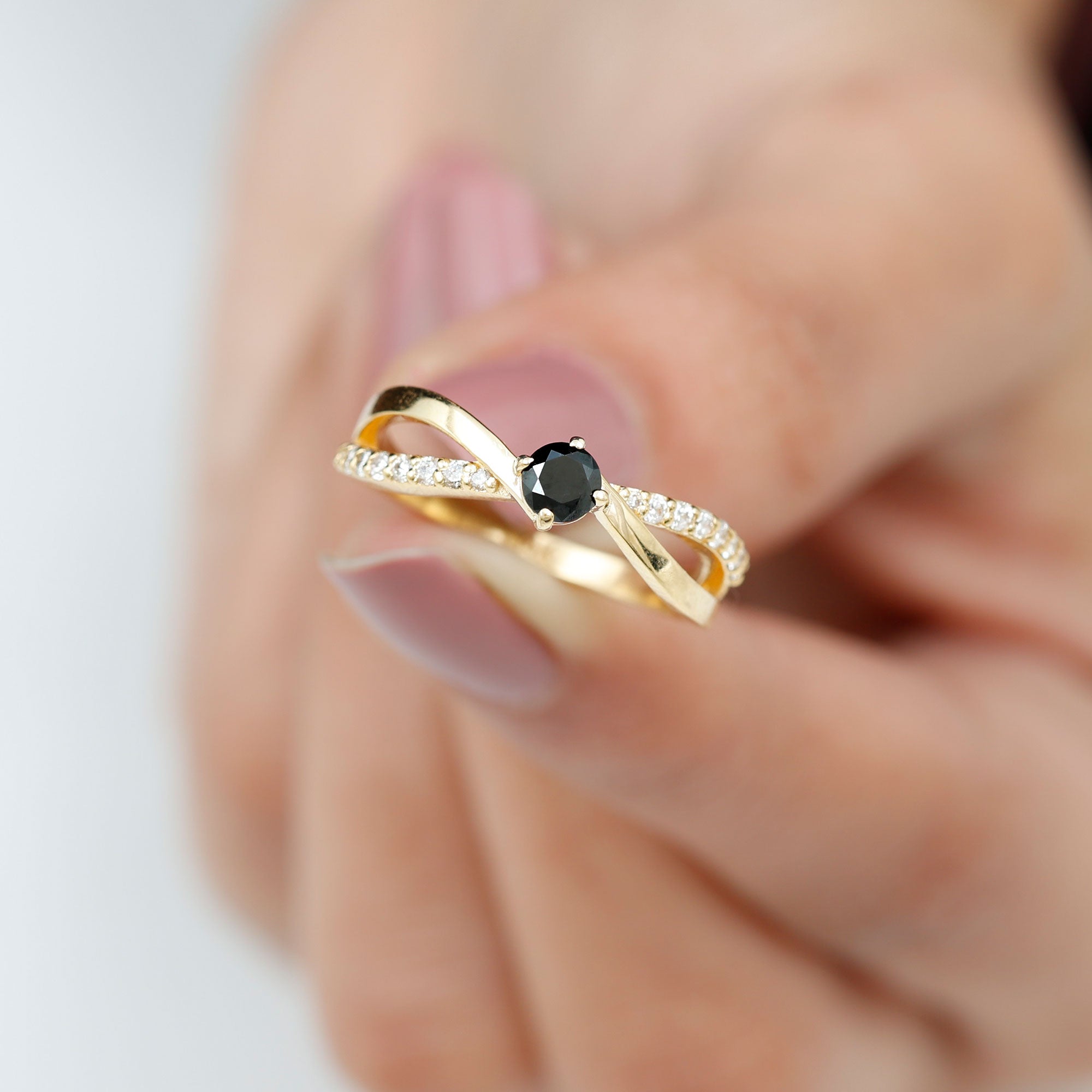 Certified Real Black Spinel Promise Ring with Diamond