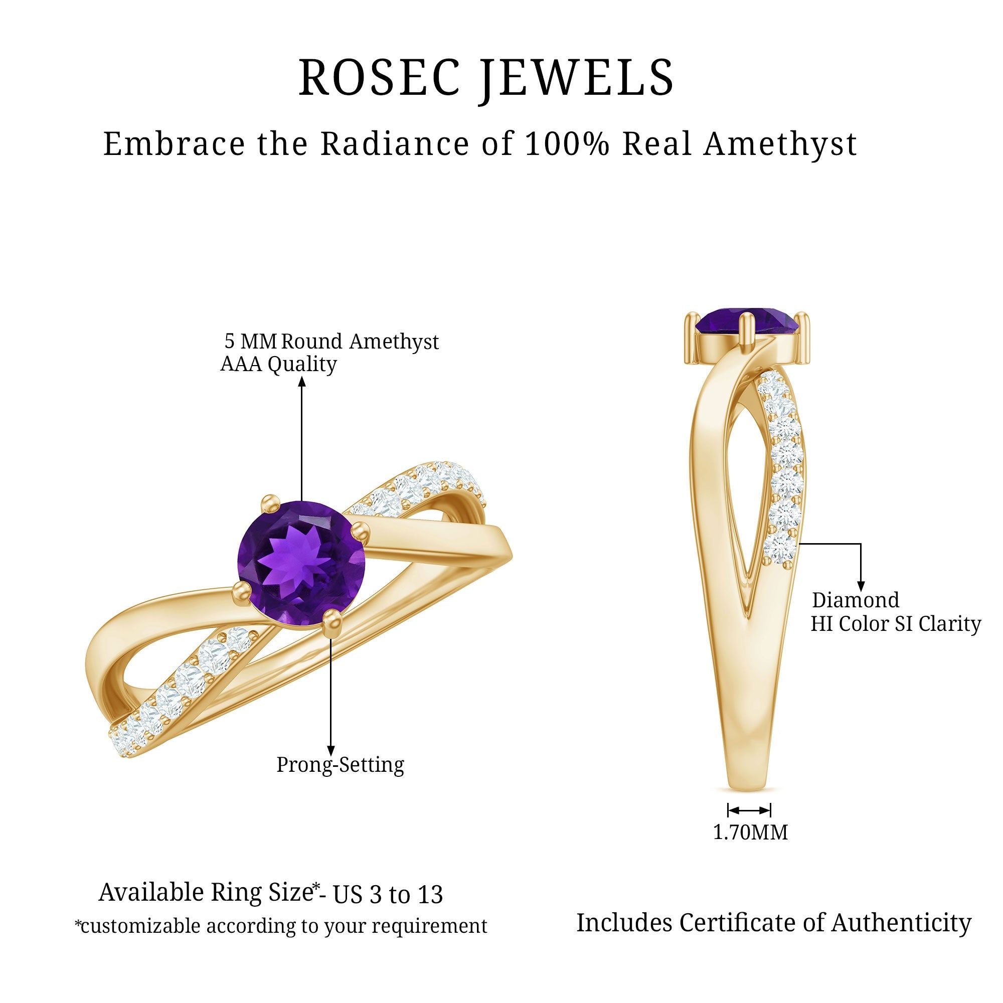 Infinity Shank Amethyst Solitaire Ring with Diamond