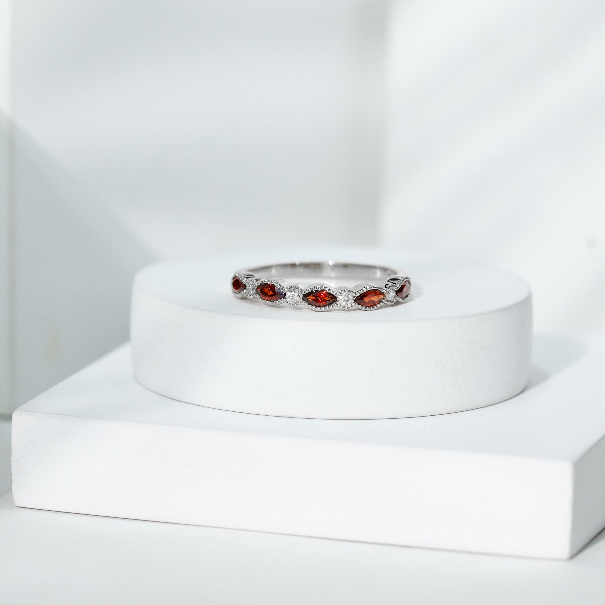 Natural Marquise Garnet Diamond Half Eternity Ring for Anniversary