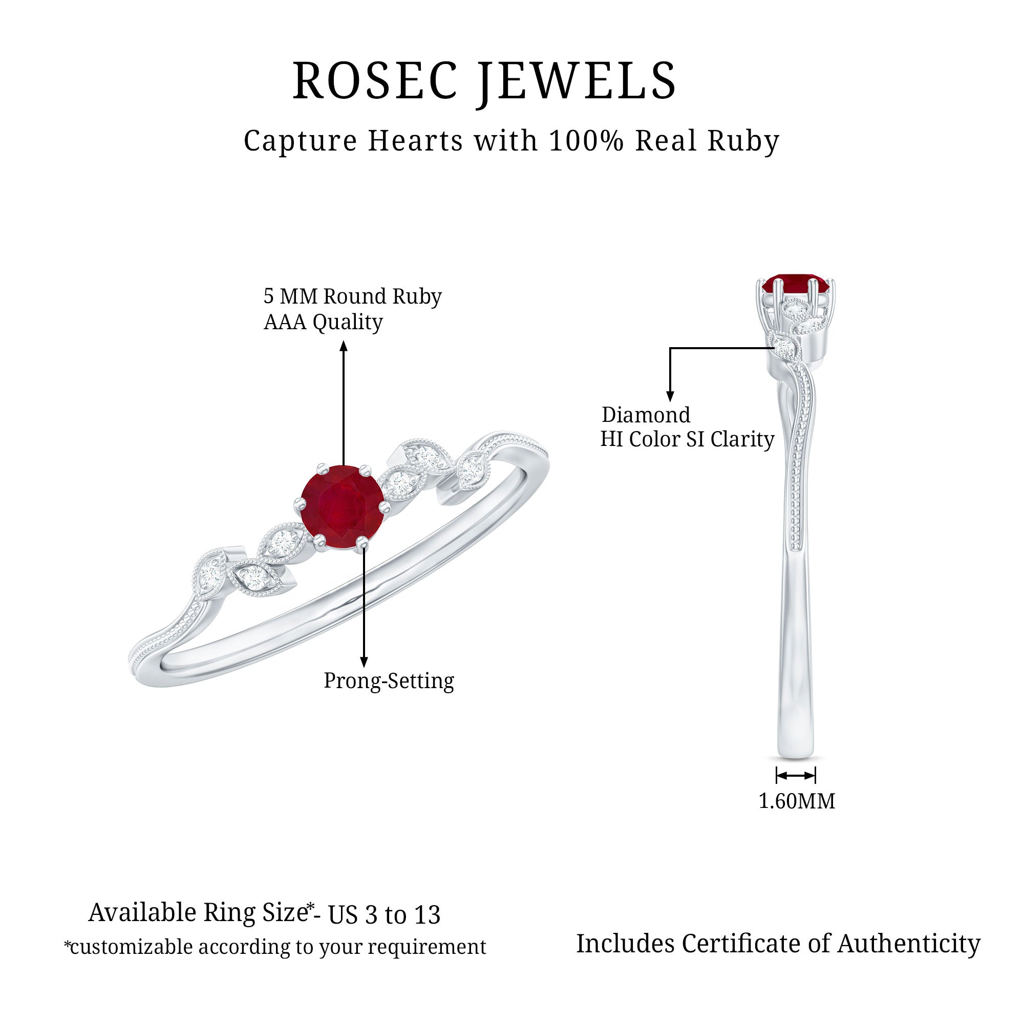 Leaf Inspired Ruby Solitaire Promise Ring with Diamond