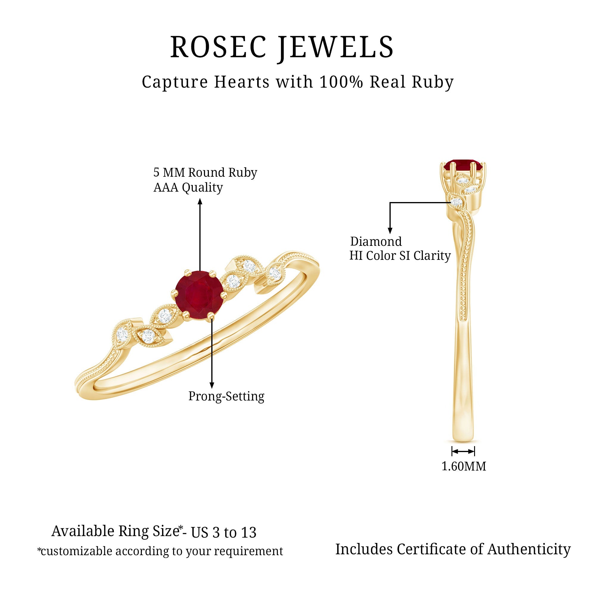 Leaf Inspired Ruby Solitaire Promise Ring with Diamond