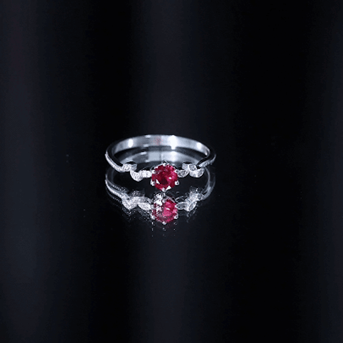 Created Ruby and Diamond Leaf Promise Ring with Beaded Gold