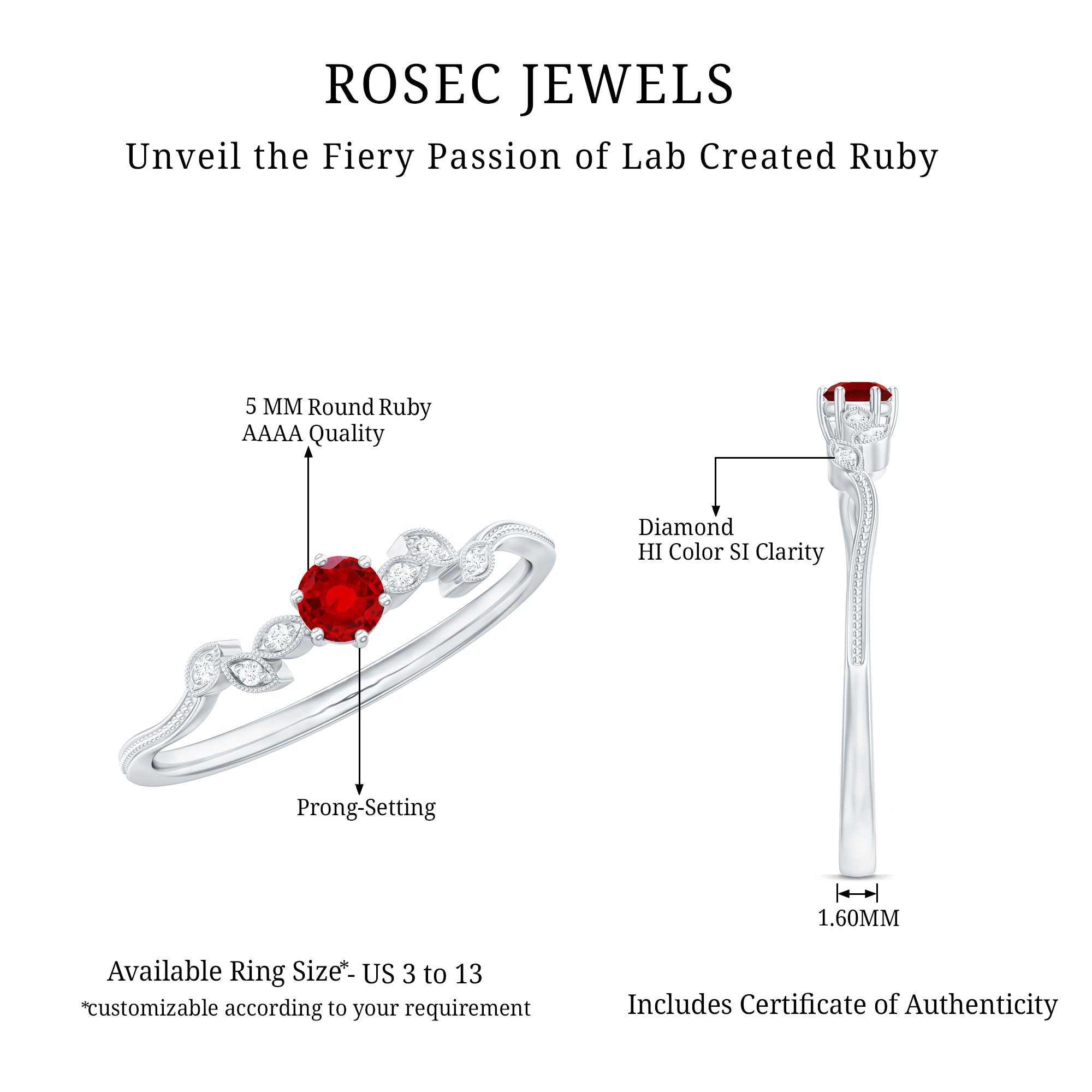 Created Ruby and Diamond Leaf Promise Ring with Beaded Gold