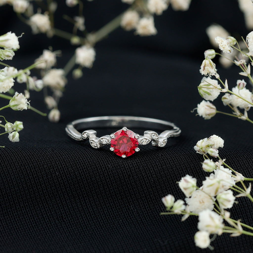 Created Ruby and Diamond Leaf Promise Ring with Beaded Gold