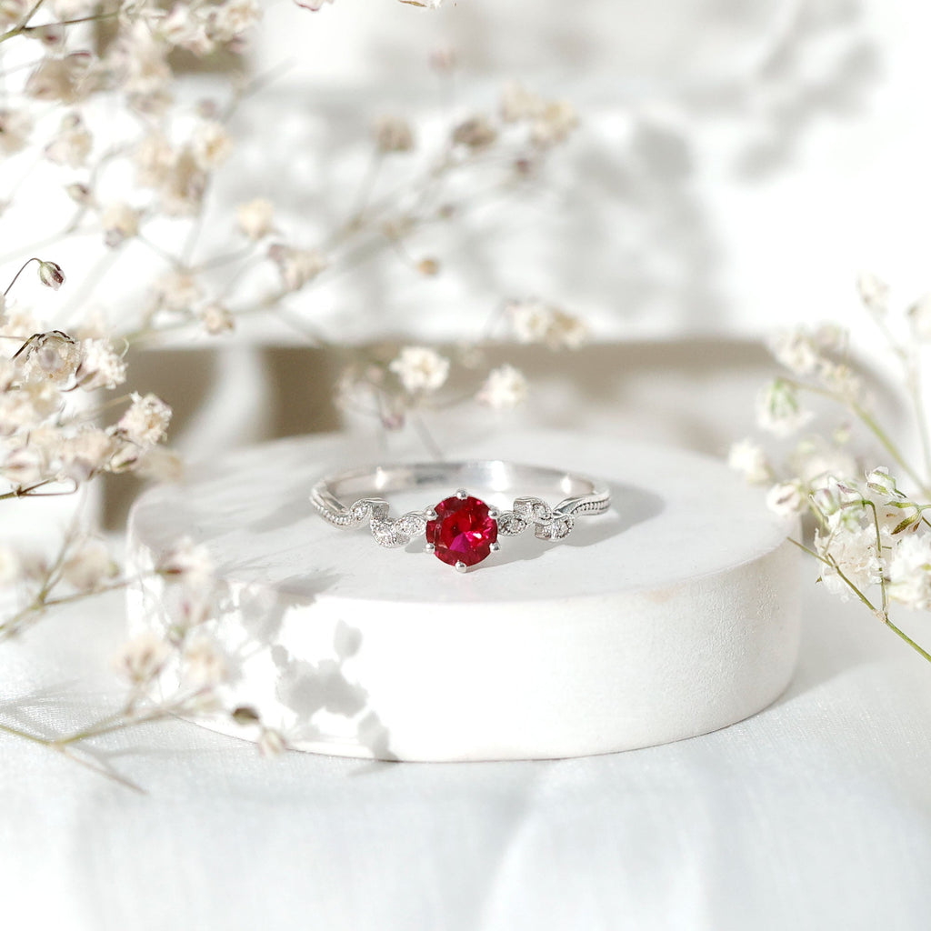 Created Ruby and Diamond Leaf Promise Ring with Beaded Gold