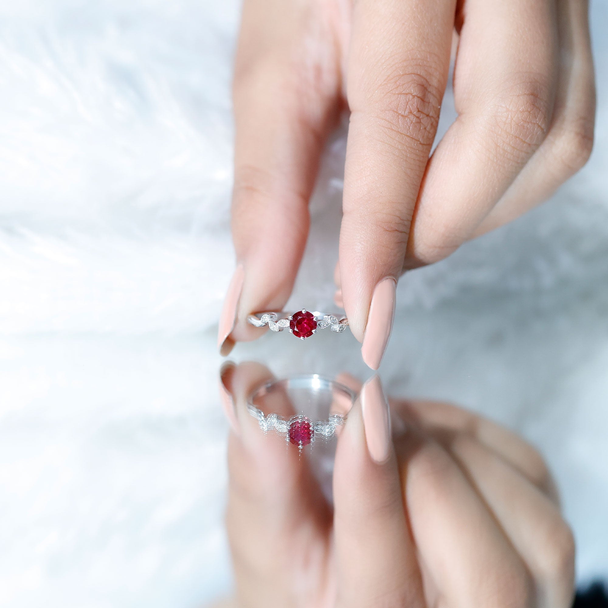 Created Ruby and Diamond Leaf Promise Ring with Beaded Gold