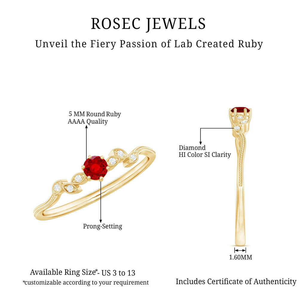 Created Ruby and Diamond Leaf Promise Ring with Beaded Gold
