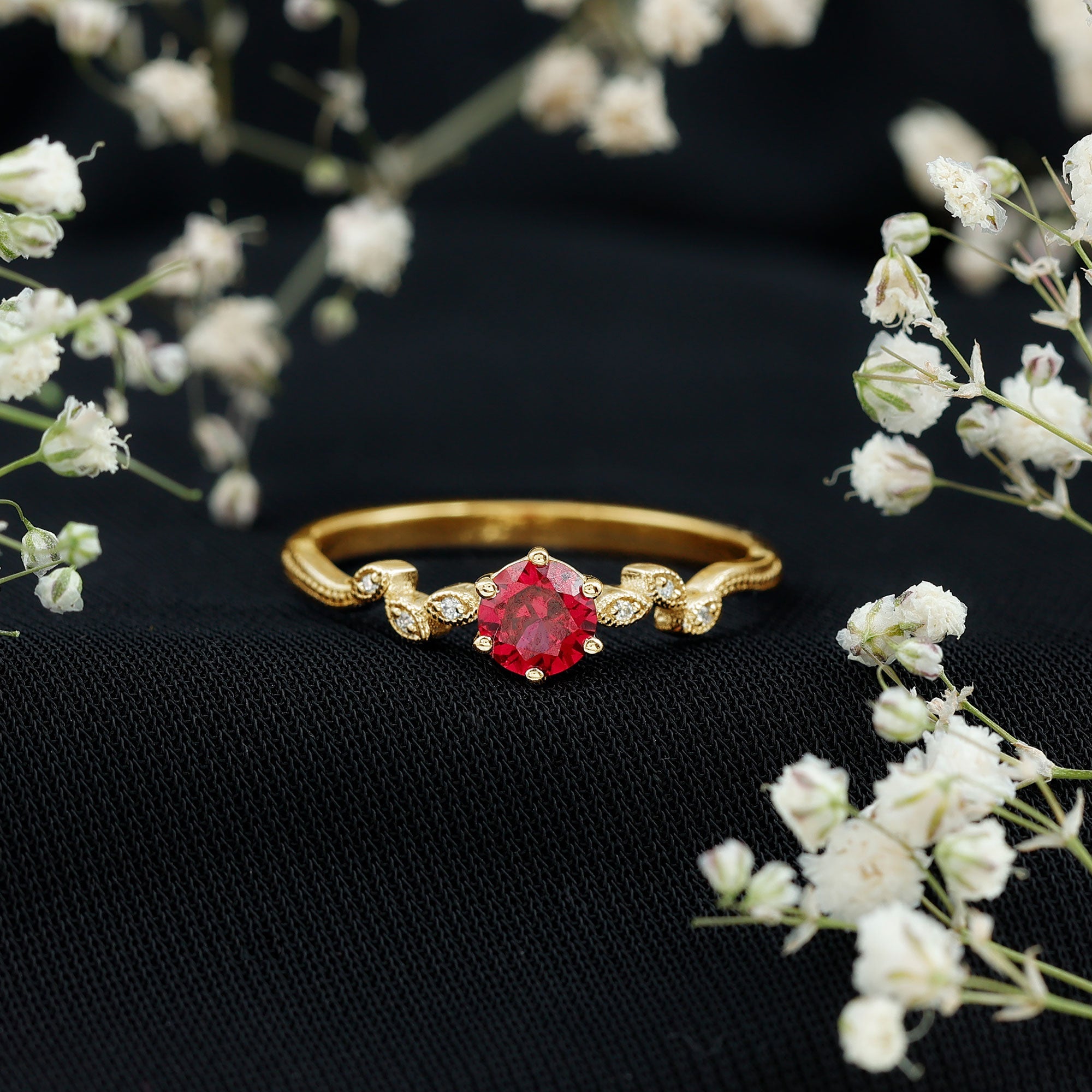 Created Ruby and Diamond Leaf Promise Ring with Beaded Gold