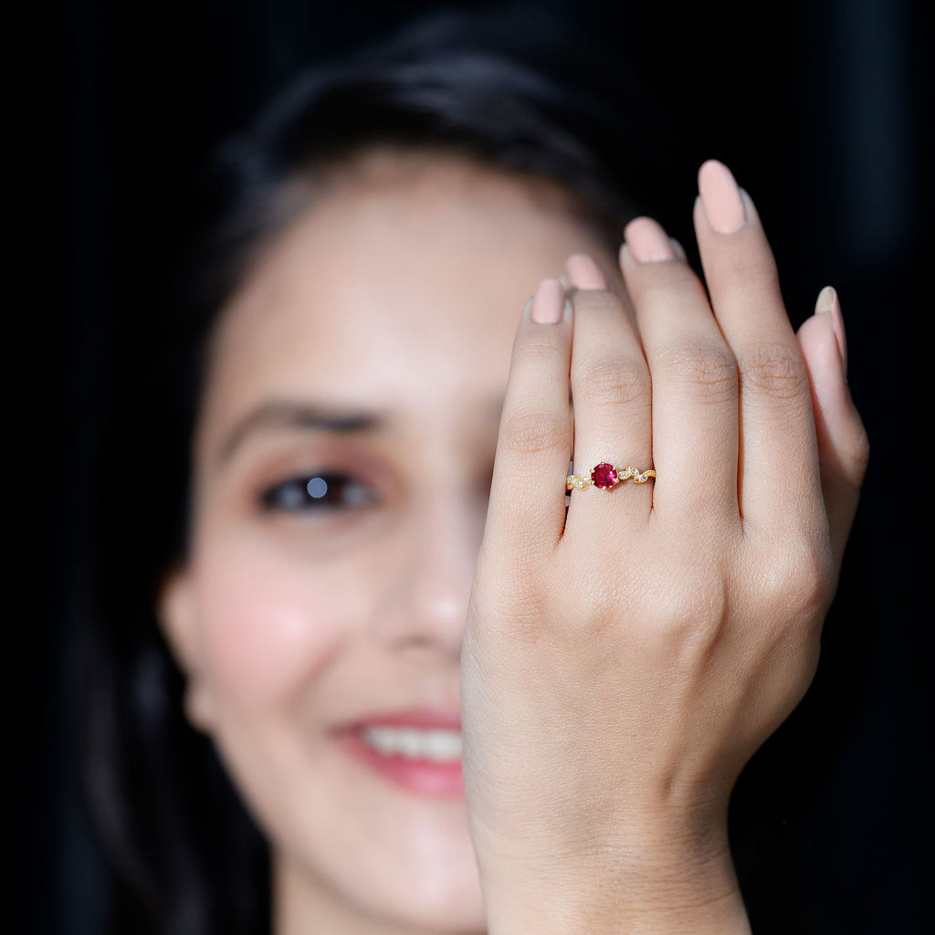 Created Ruby and Diamond Leaf Promise Ring with Beaded Gold