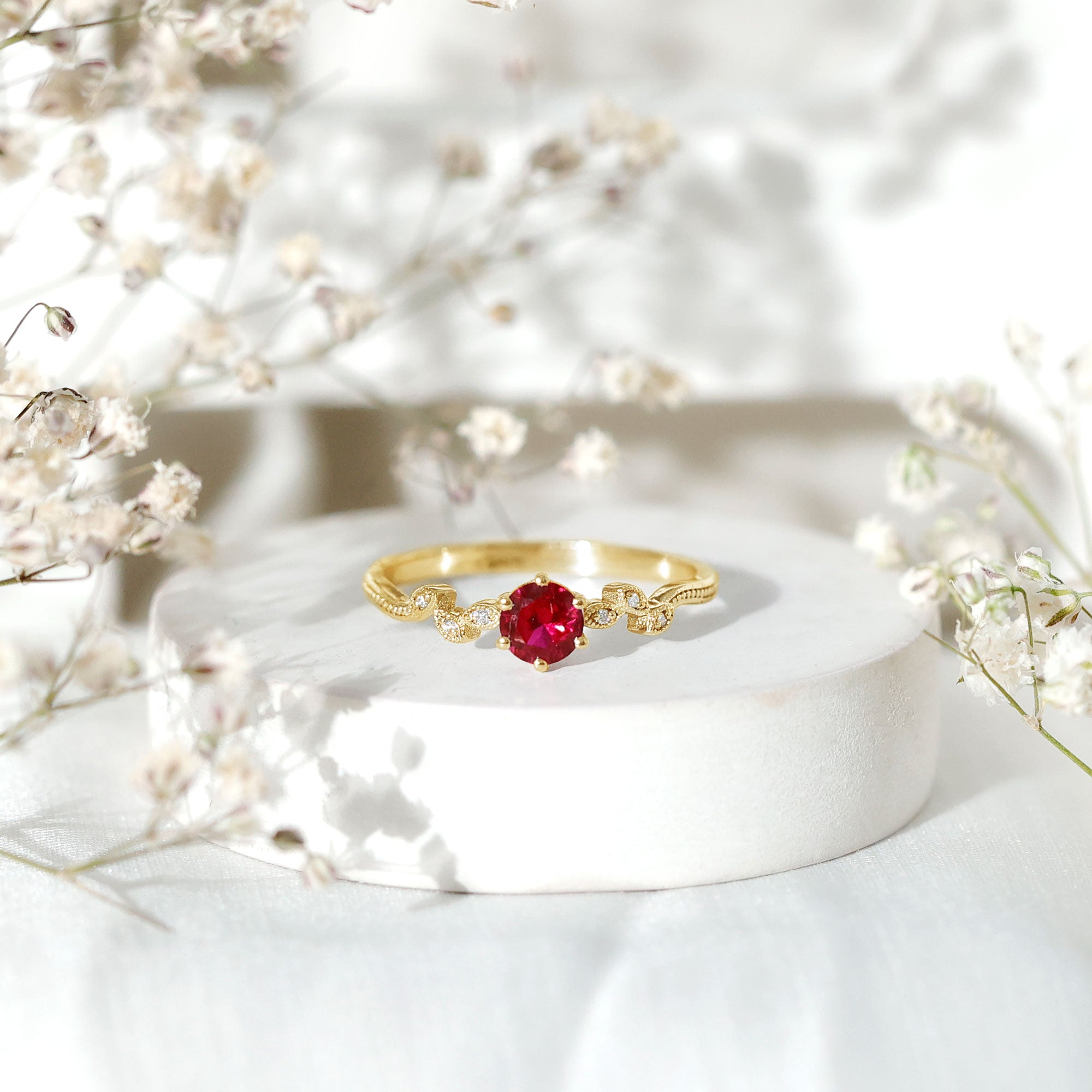 Created Ruby and Diamond Leaf Promise Ring with Beaded Gold