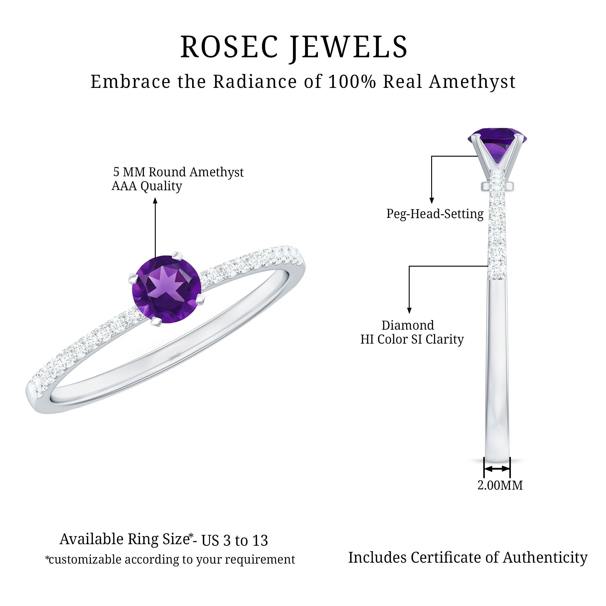 Round Amethyst Solitaire Engagement Ring with Diamond