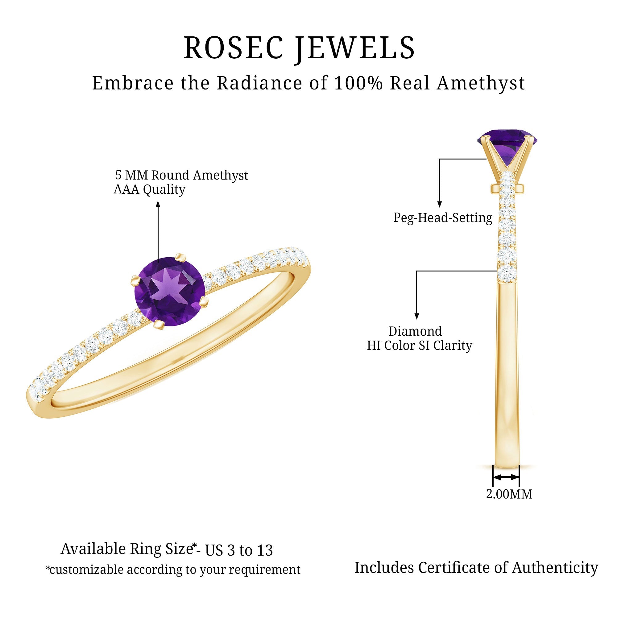 Round Amethyst Solitaire Engagement Ring with Diamond