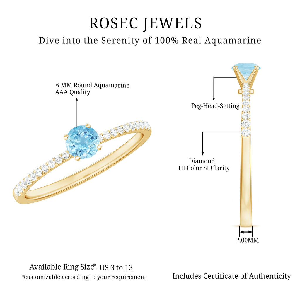 Natural Aquamarine Solitaire Ring with Diamond Side Stones