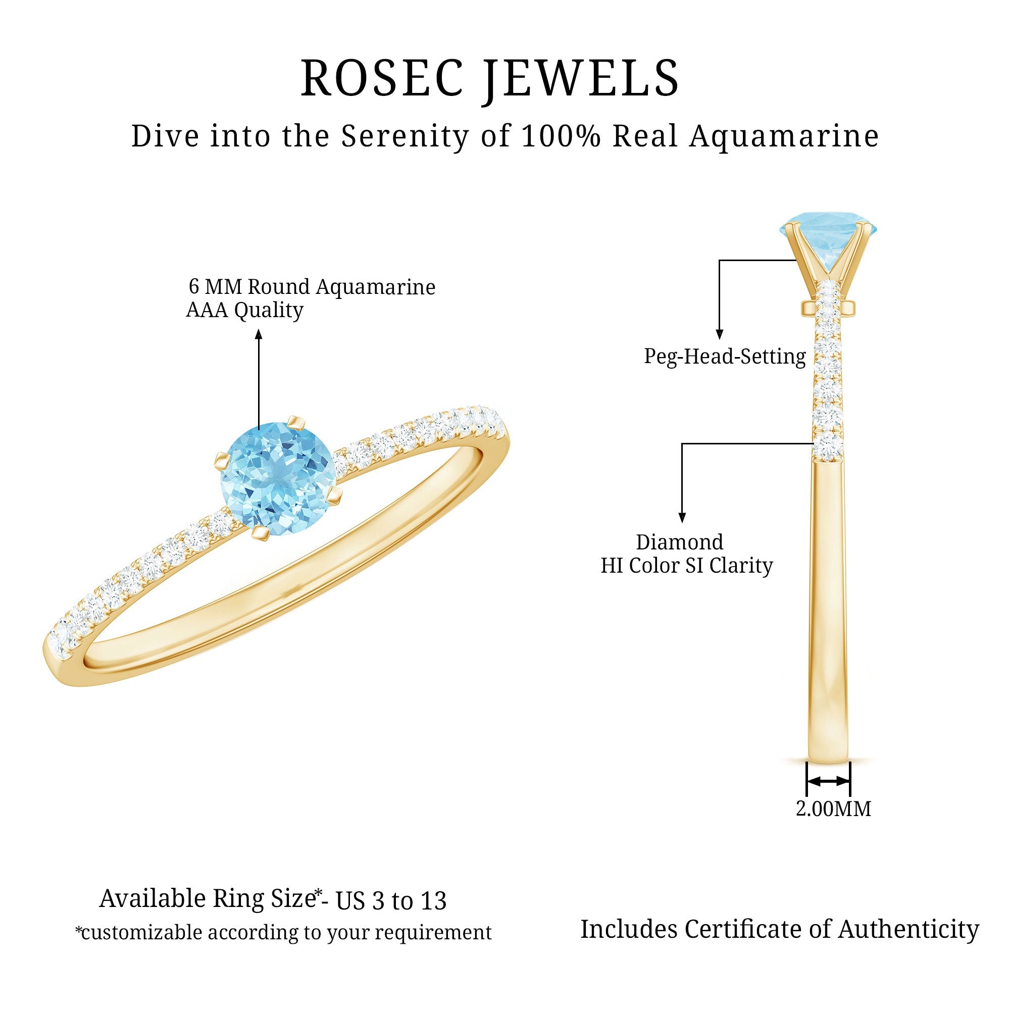 Natural Aquamarine Solitaire Ring with Diamond Side Stones