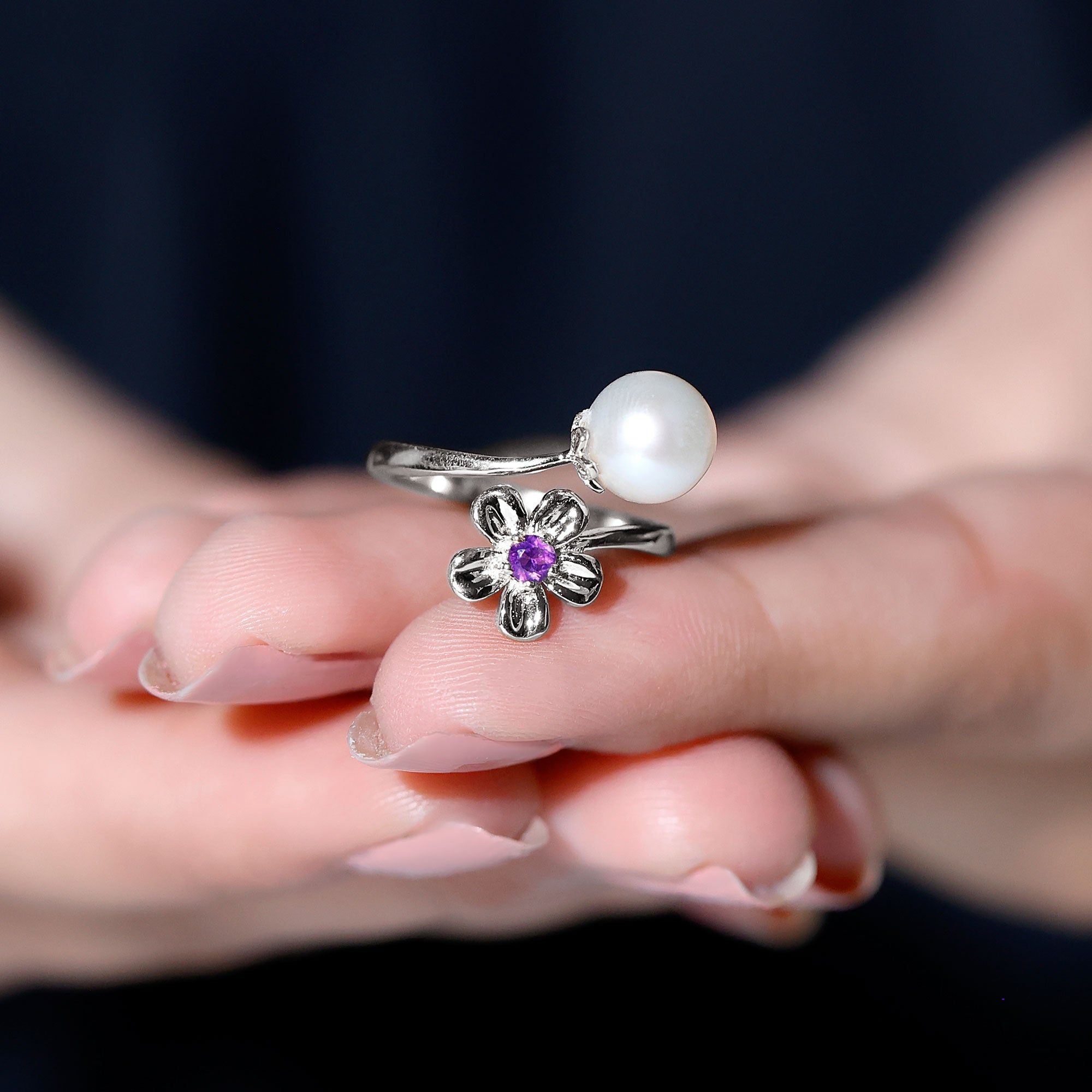 Freshwater Pearl and Amethyst Floral Toi Et Moi Ring