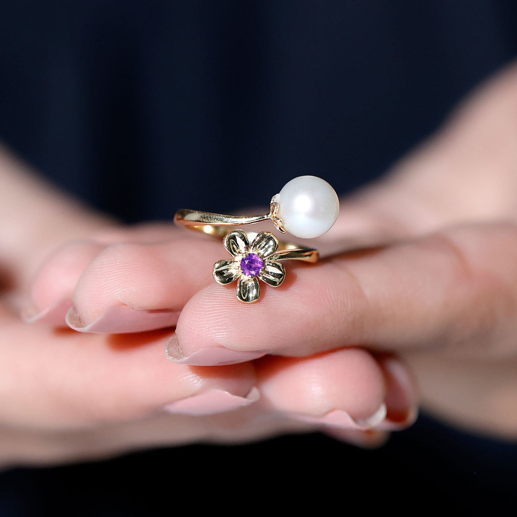 Freshwater Pearl and Amethyst Floral Toi Et Moi Ring