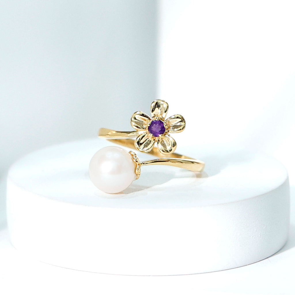 Freshwater Pearl and Amethyst Floral Toi Et Moi Ring
