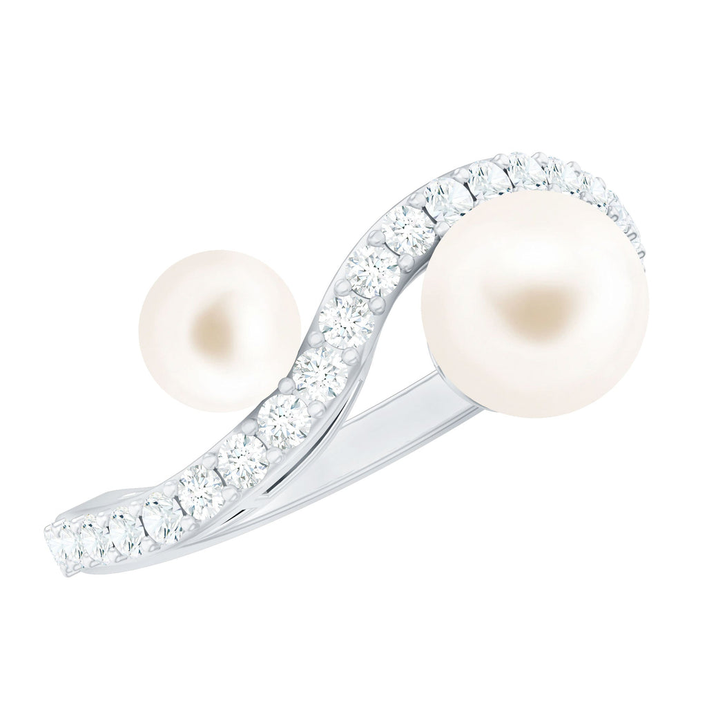 2 Stone Freshwater Pearl Cocktail Ring with Diamond Curved Band