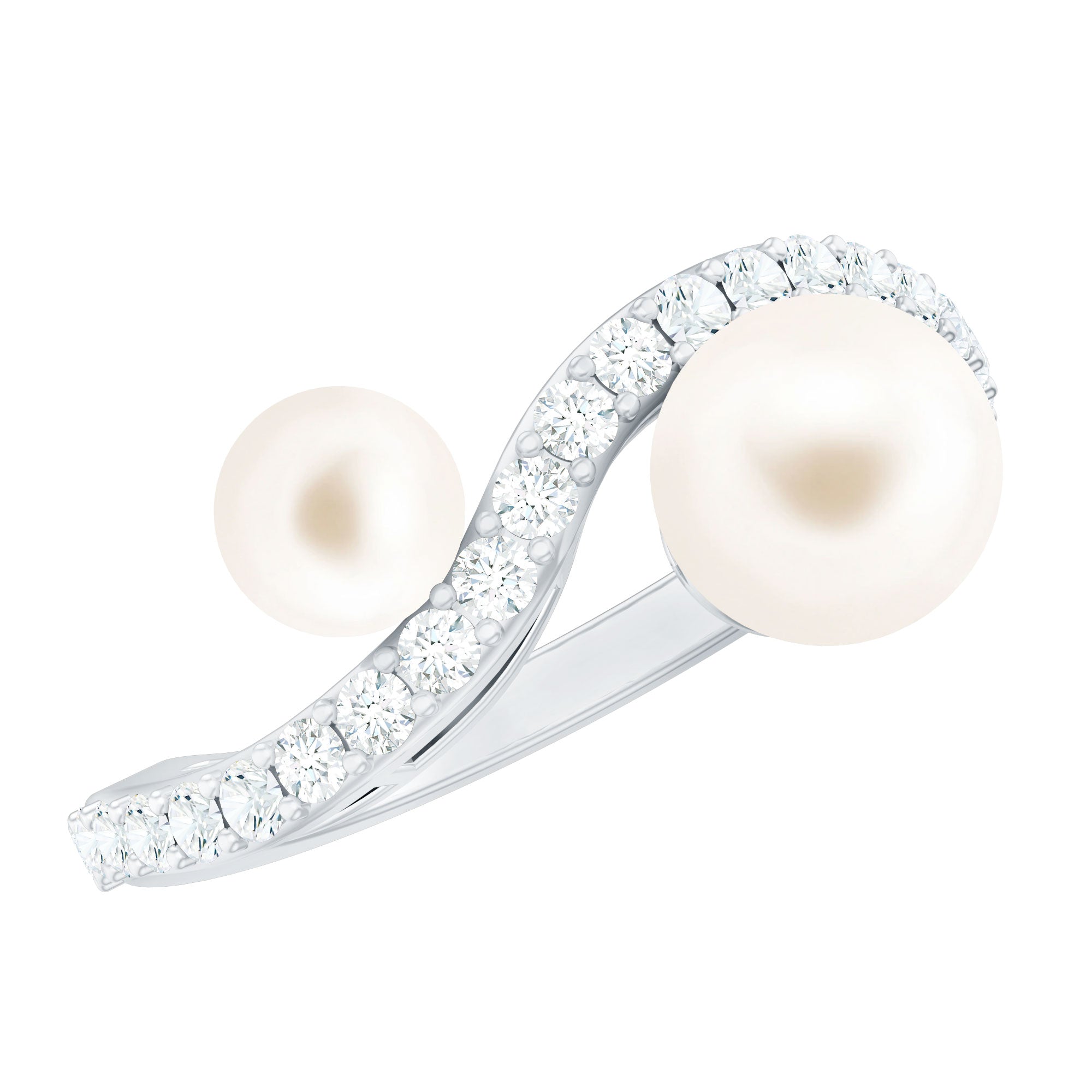 2 Stone Freshwater Pearl Cocktail Ring with Diamond Curved Band