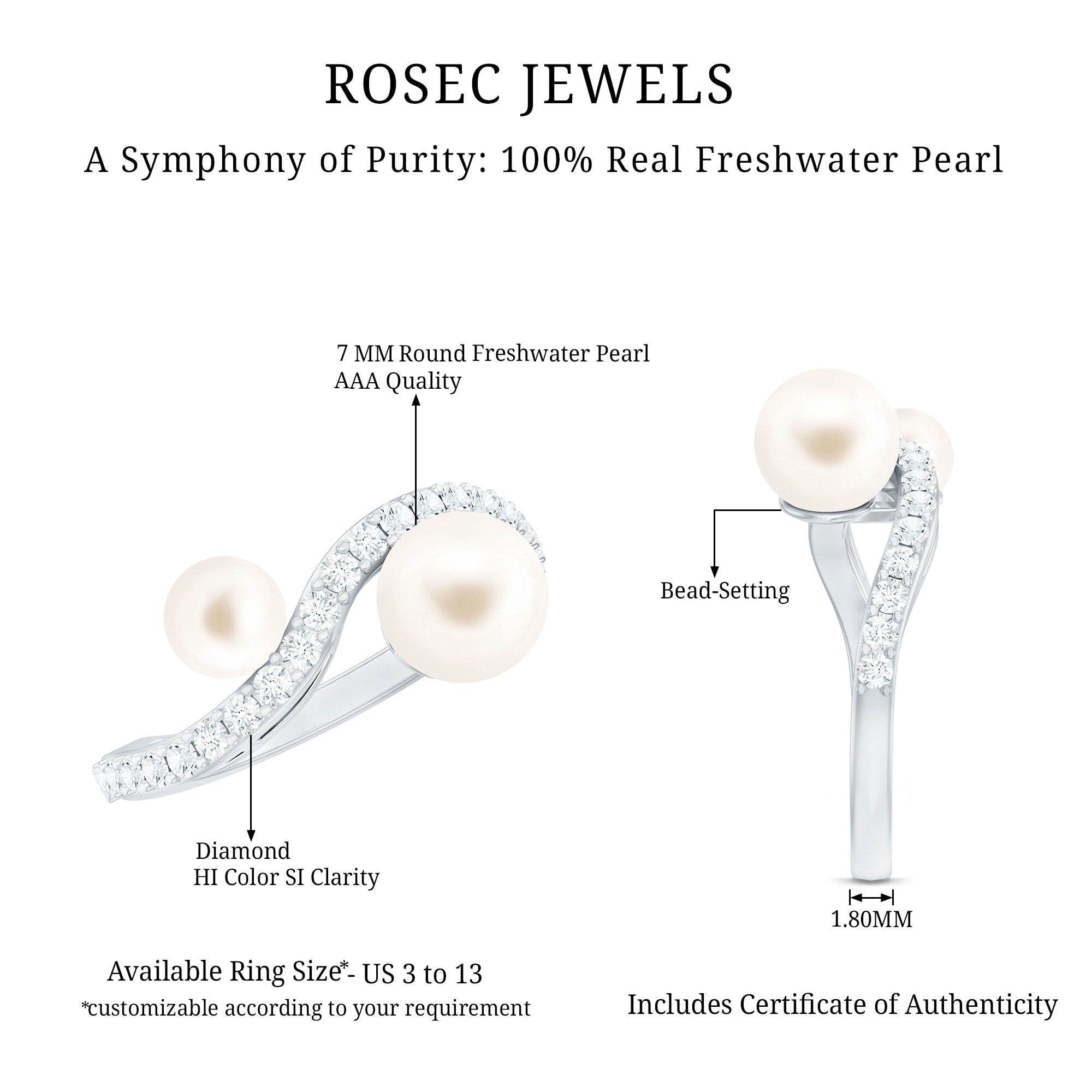 2 Stone Freshwater Pearl Cocktail Ring with Diamond Curved Band