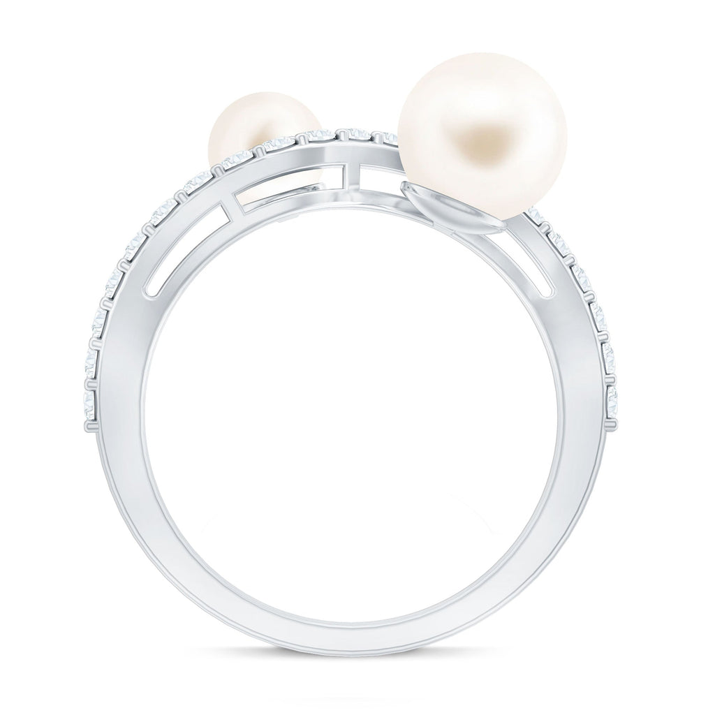 2 Stone Freshwater Pearl Cocktail Ring with Diamond Curved Band