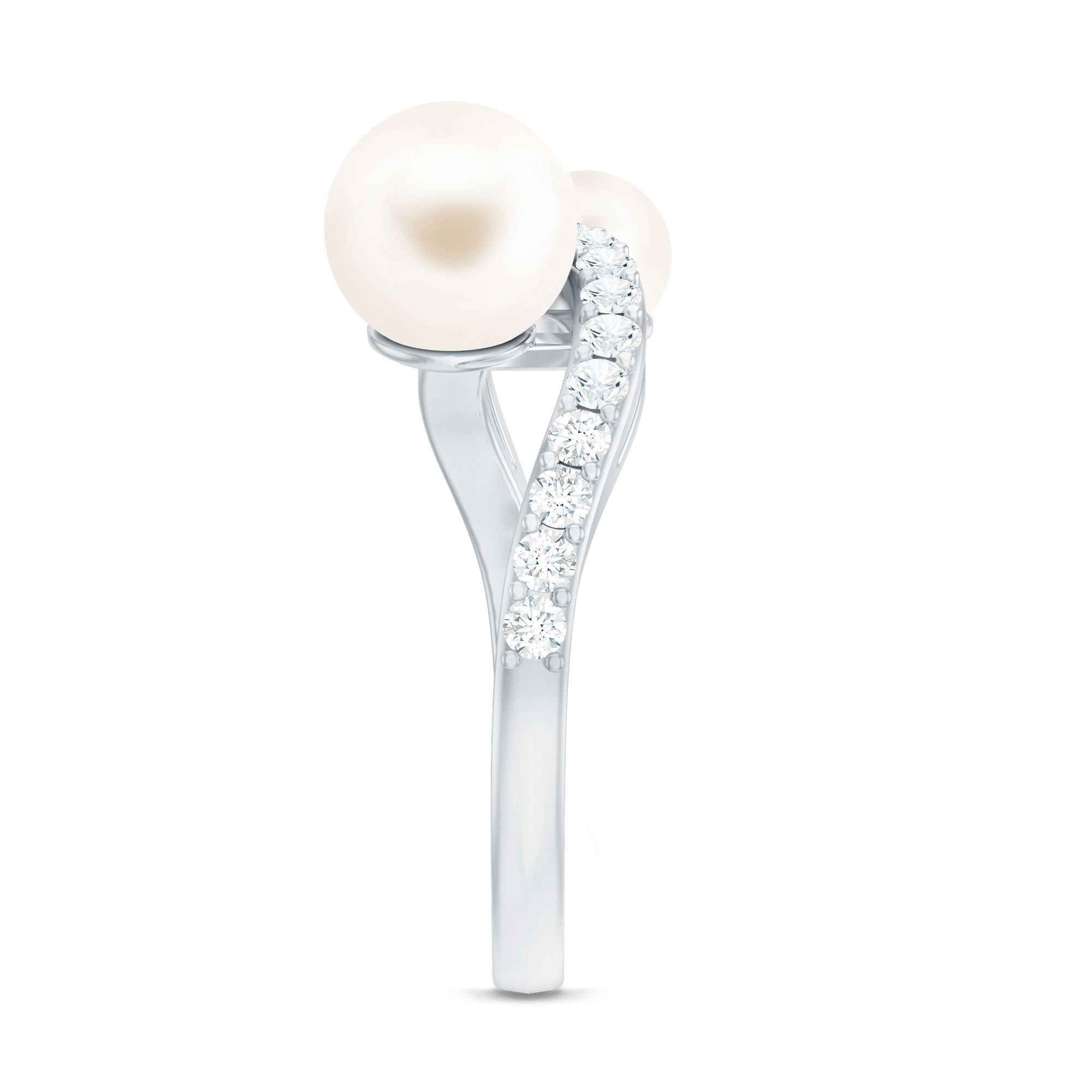 2 Stone Freshwater Pearl Cocktail Ring with Diamond Curved Band