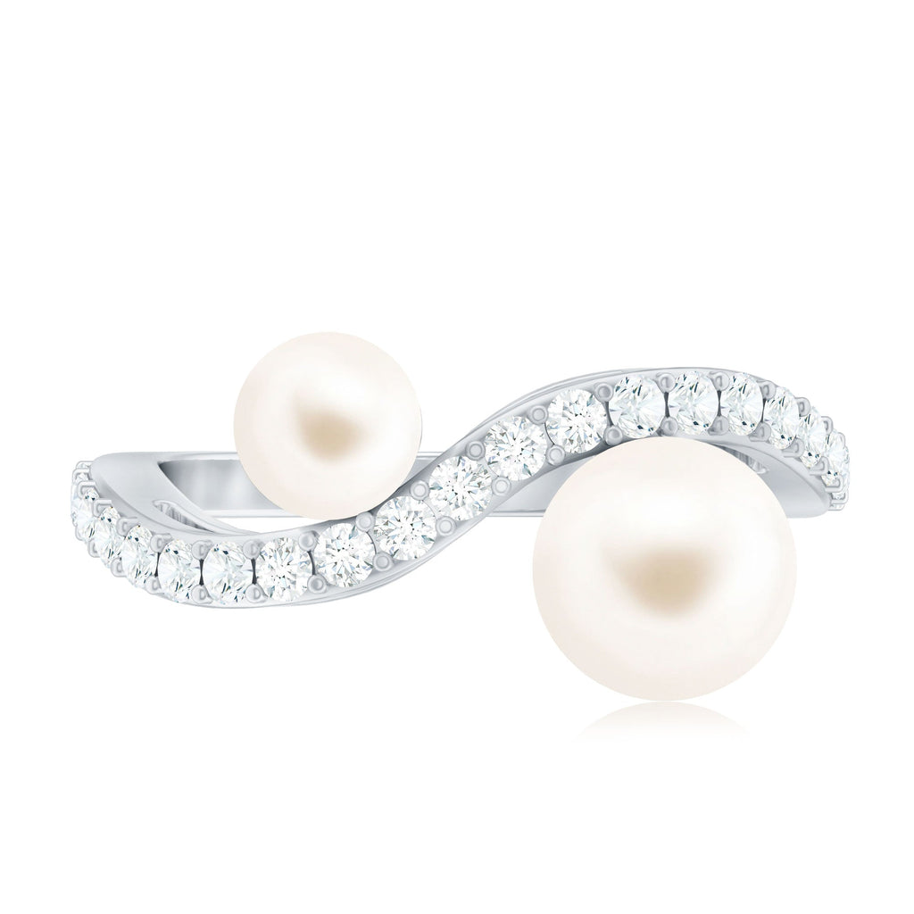 2 Stone Freshwater Pearl Cocktail Ring with Diamond Curved Band