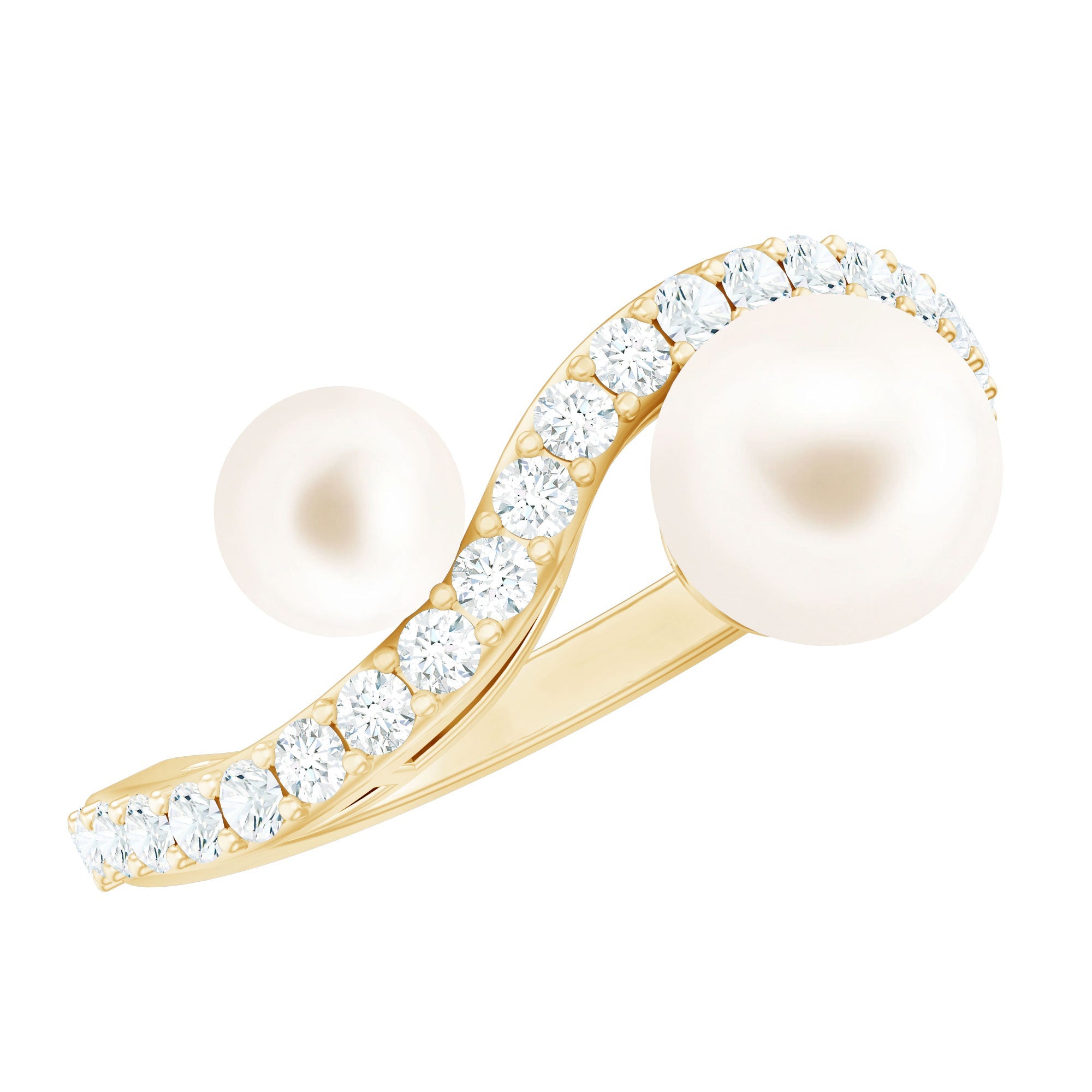 2 Stone Freshwater Pearl Cocktail Ring with Diamond Curved Band