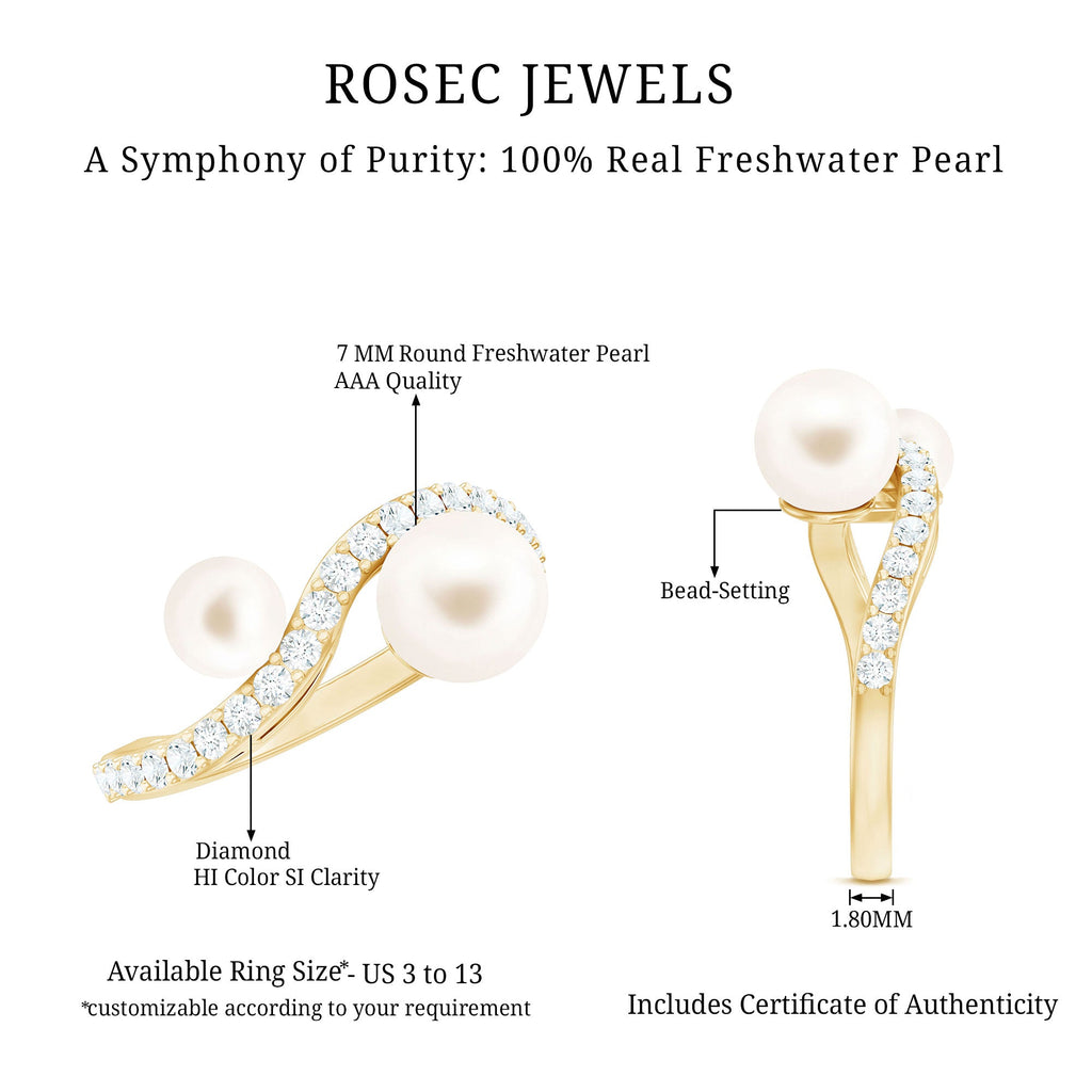 2 Stone Freshwater Pearl Cocktail Ring with Diamond Curved Band