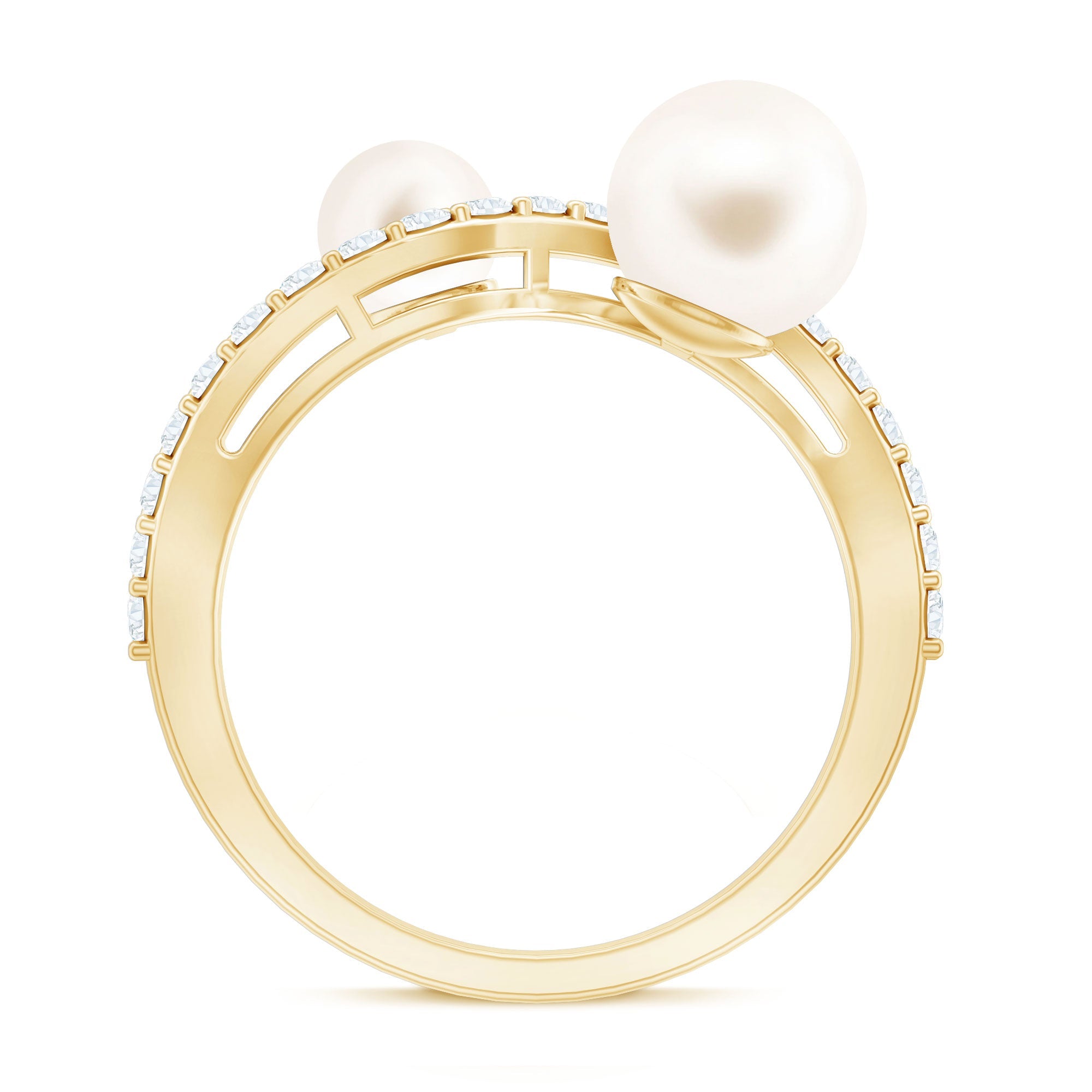 2 Stone Freshwater Pearl Cocktail Ring with Diamond Curved Band