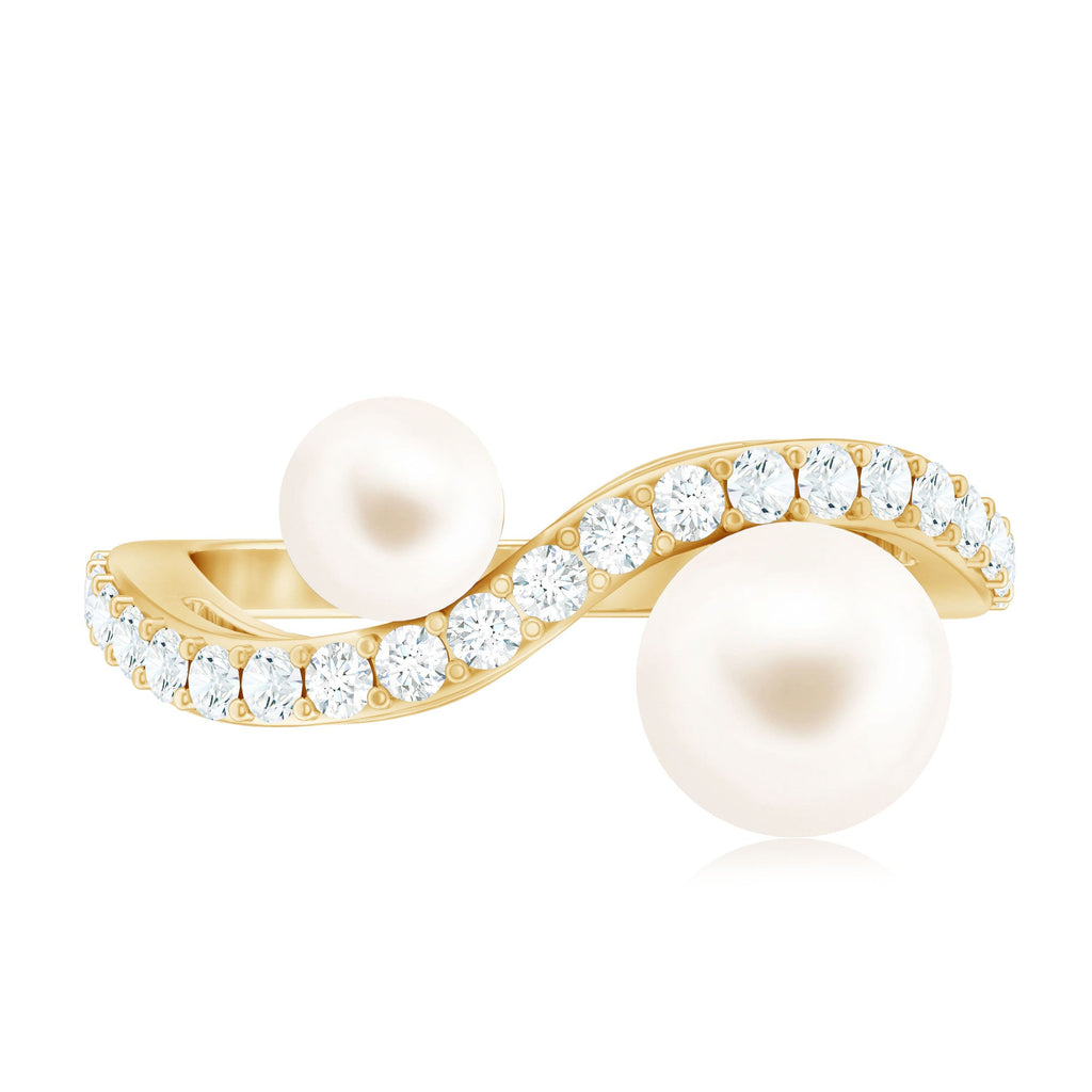 2 Stone Freshwater Pearl Cocktail Ring with Diamond Curved Band