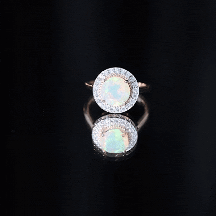 Vintage Inspired 8mm Opalescent Engagement Ring with Diamond Halo