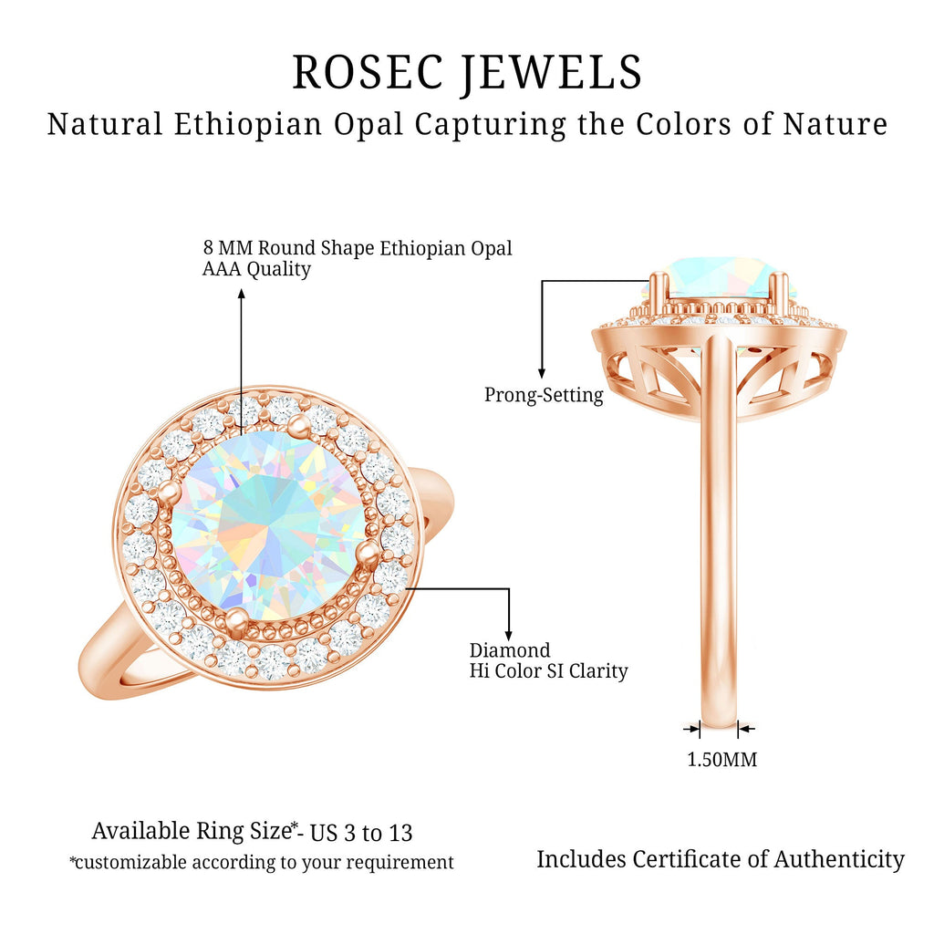 Vintage Inspired 8mm Opalescent Engagement Ring with Diamond Halo