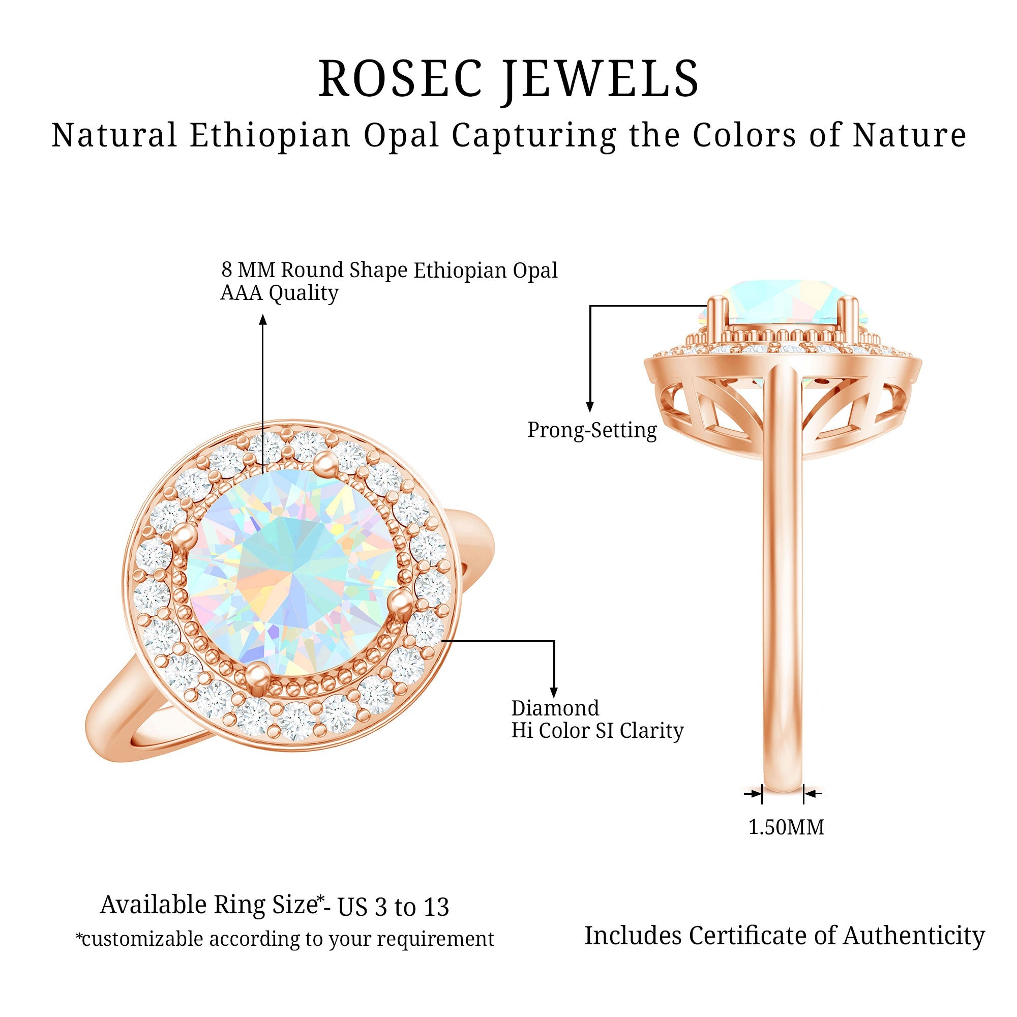 Vintage Inspired 8mm Opalescent Engagement Ring with Diamond Halo