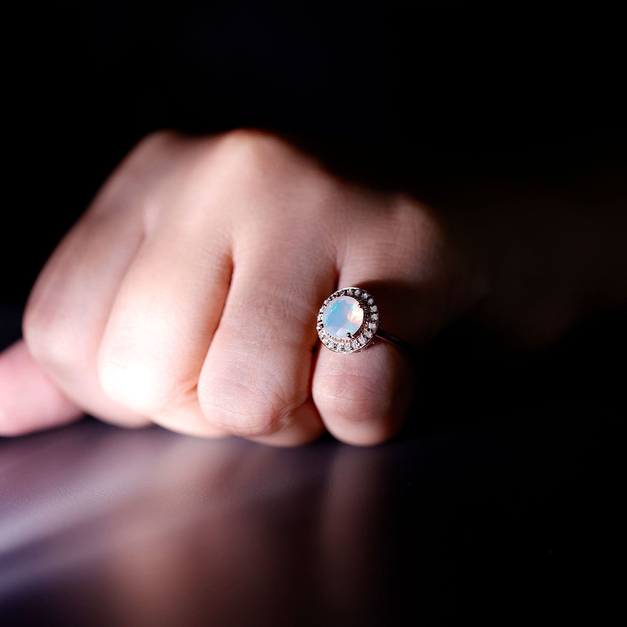 Vintage Inspired 8mm Opalescent Engagement Ring with Diamond Halo
