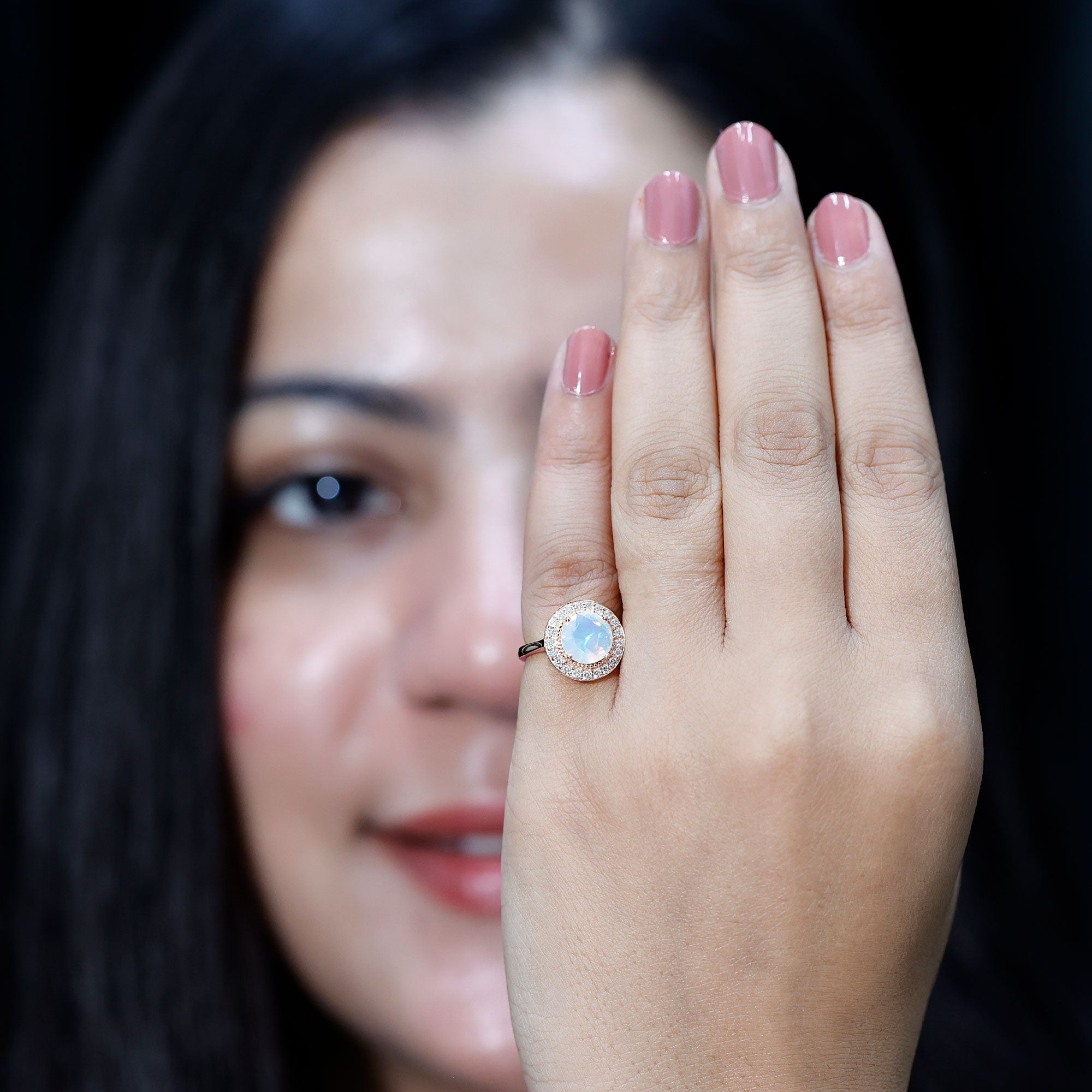 Vintage Inspired 8mm Opalescent Engagement Ring with Diamond Halo