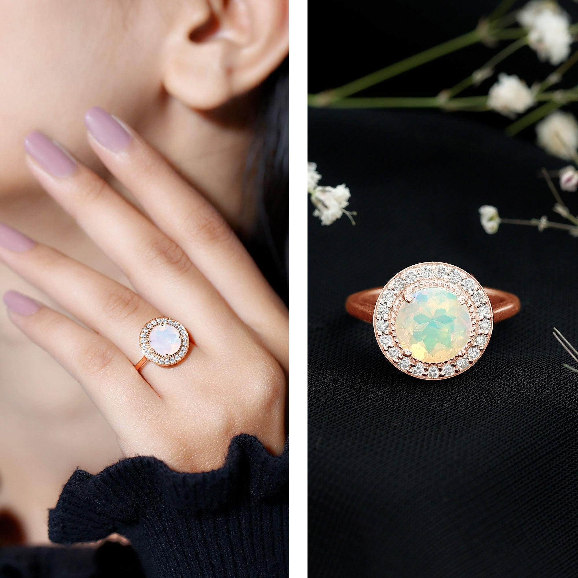 Vintage Inspired 8mm Opalescent Engagement Ring with Diamond Halo