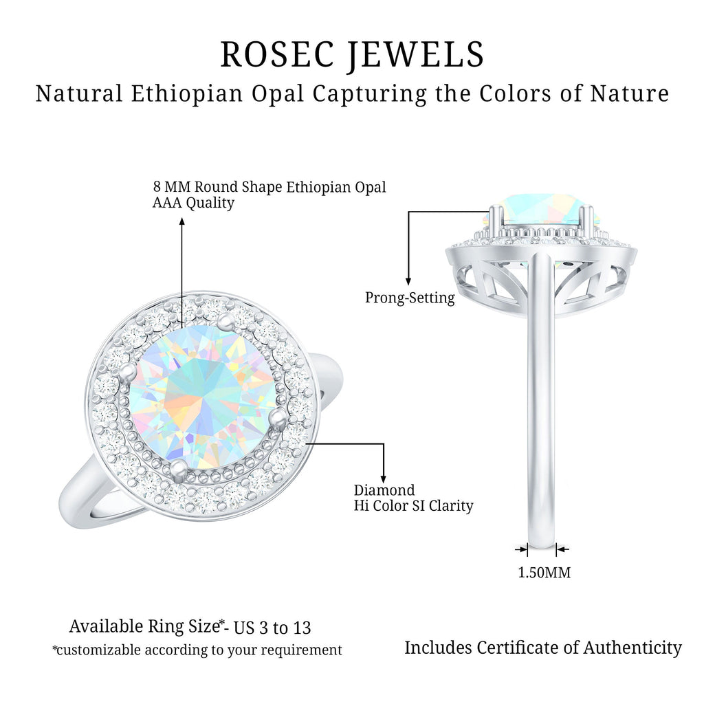 Vintage Inspired 8mm Opalescent Engagement Ring with Diamond Halo