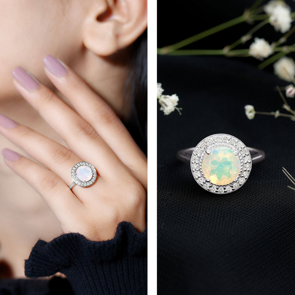 Vintage Inspired 8mm Opalescent Engagement Ring with Diamond Halo