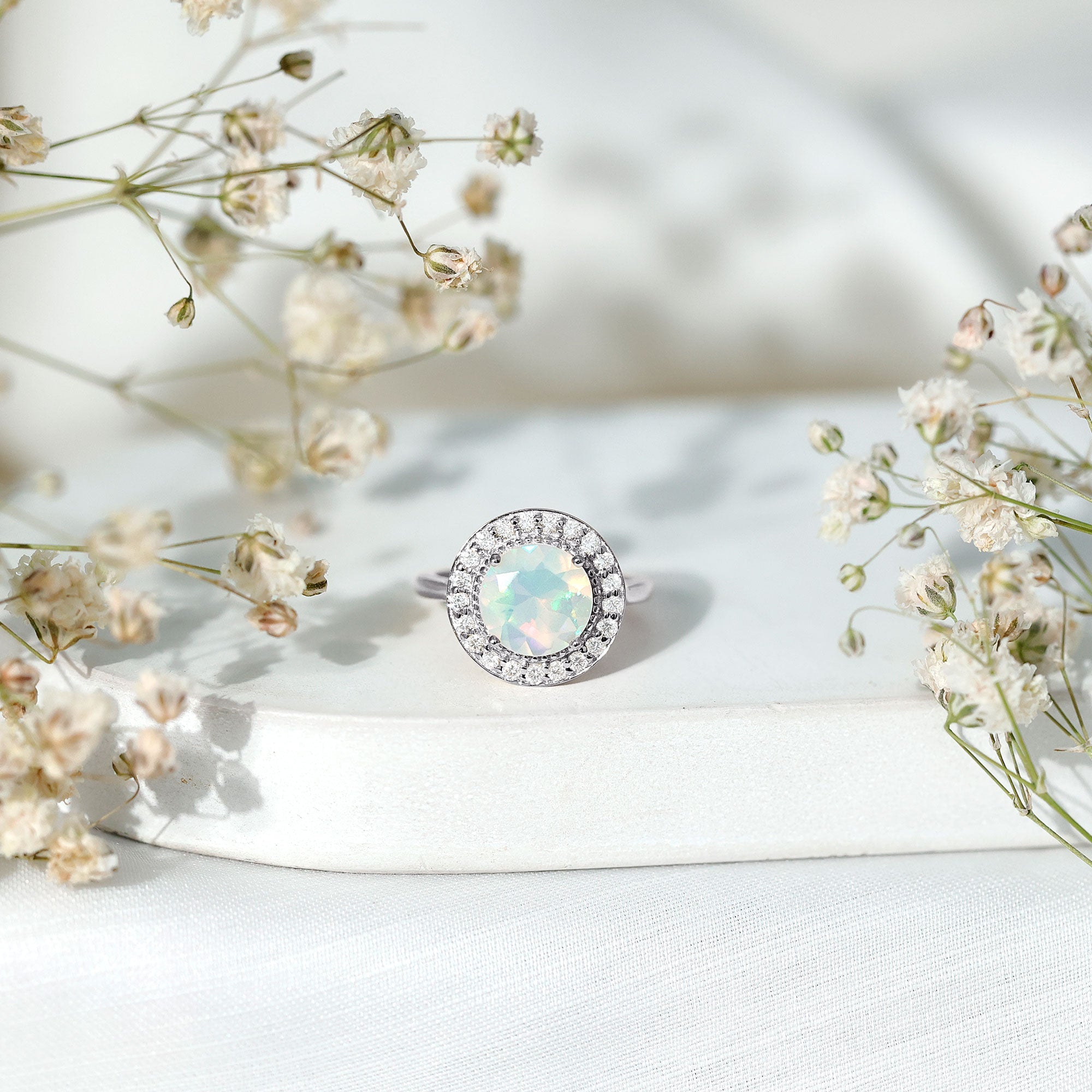 Vintage Inspired 8mm Opalescent Engagement Ring with Diamond Halo