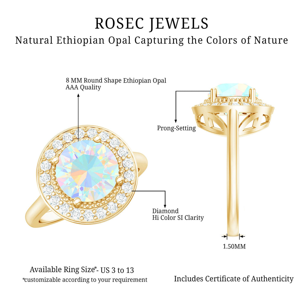 Vintage Inspired 8mm Opalescent Engagement Ring with Diamond Halo