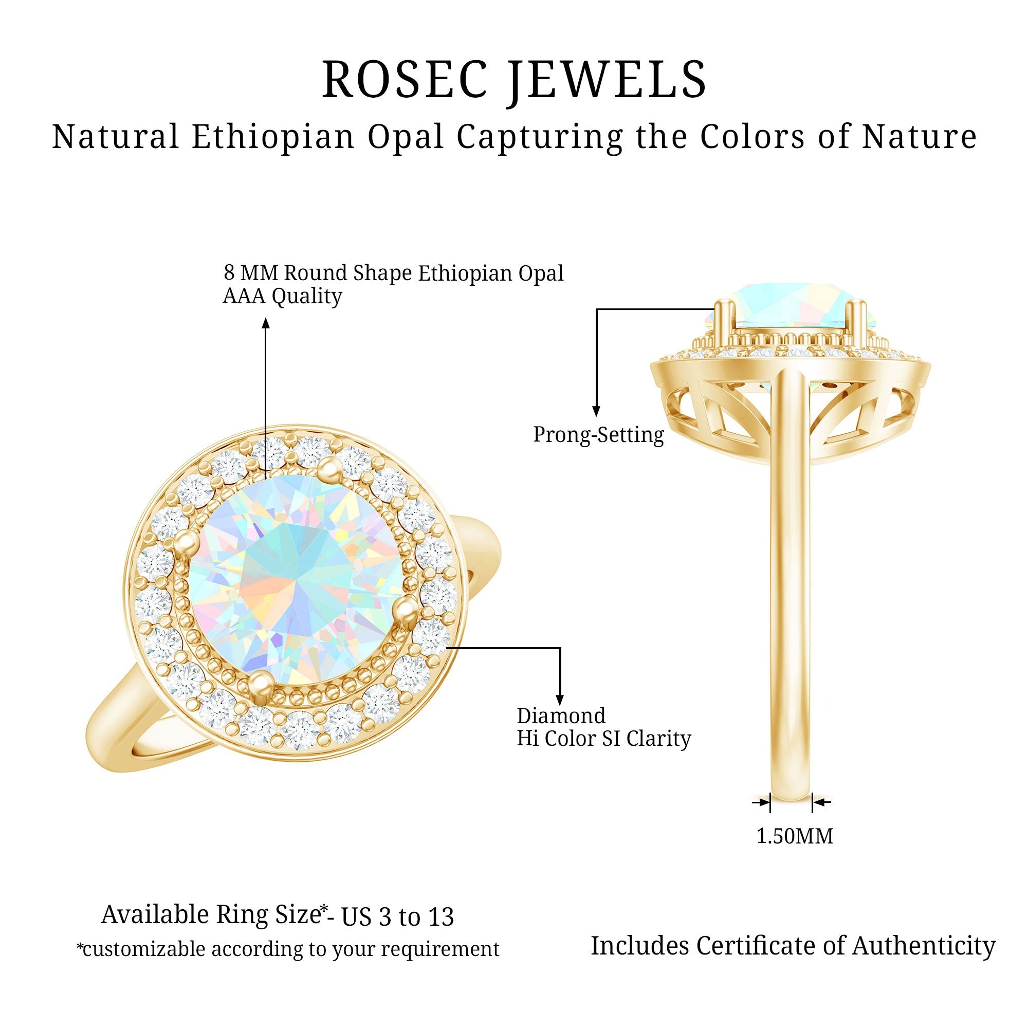 Vintage Inspired 8mm Opalescent Engagement Ring with Diamond Halo