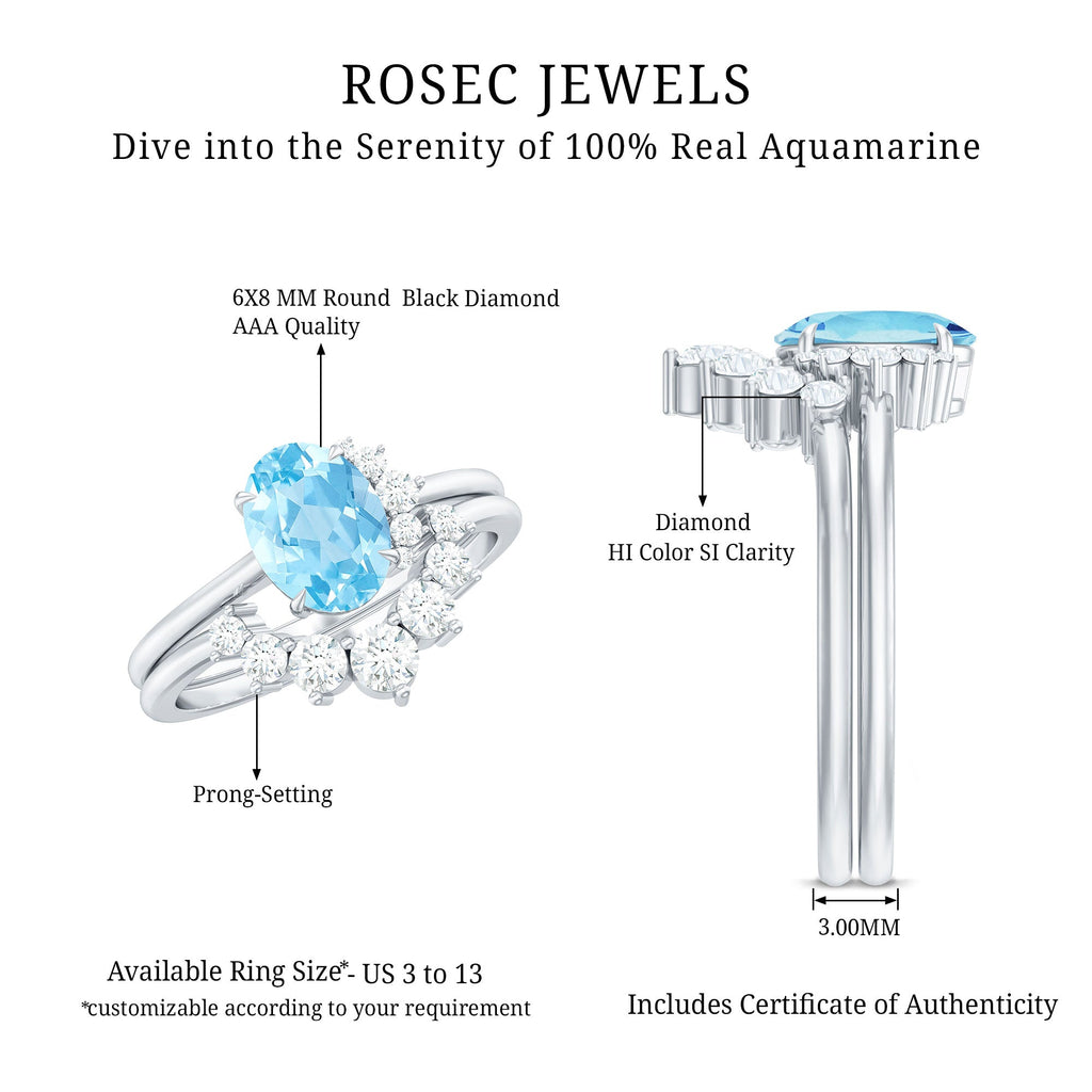 Oval Cut Aquamarine and Diamond Engagement Ring Set