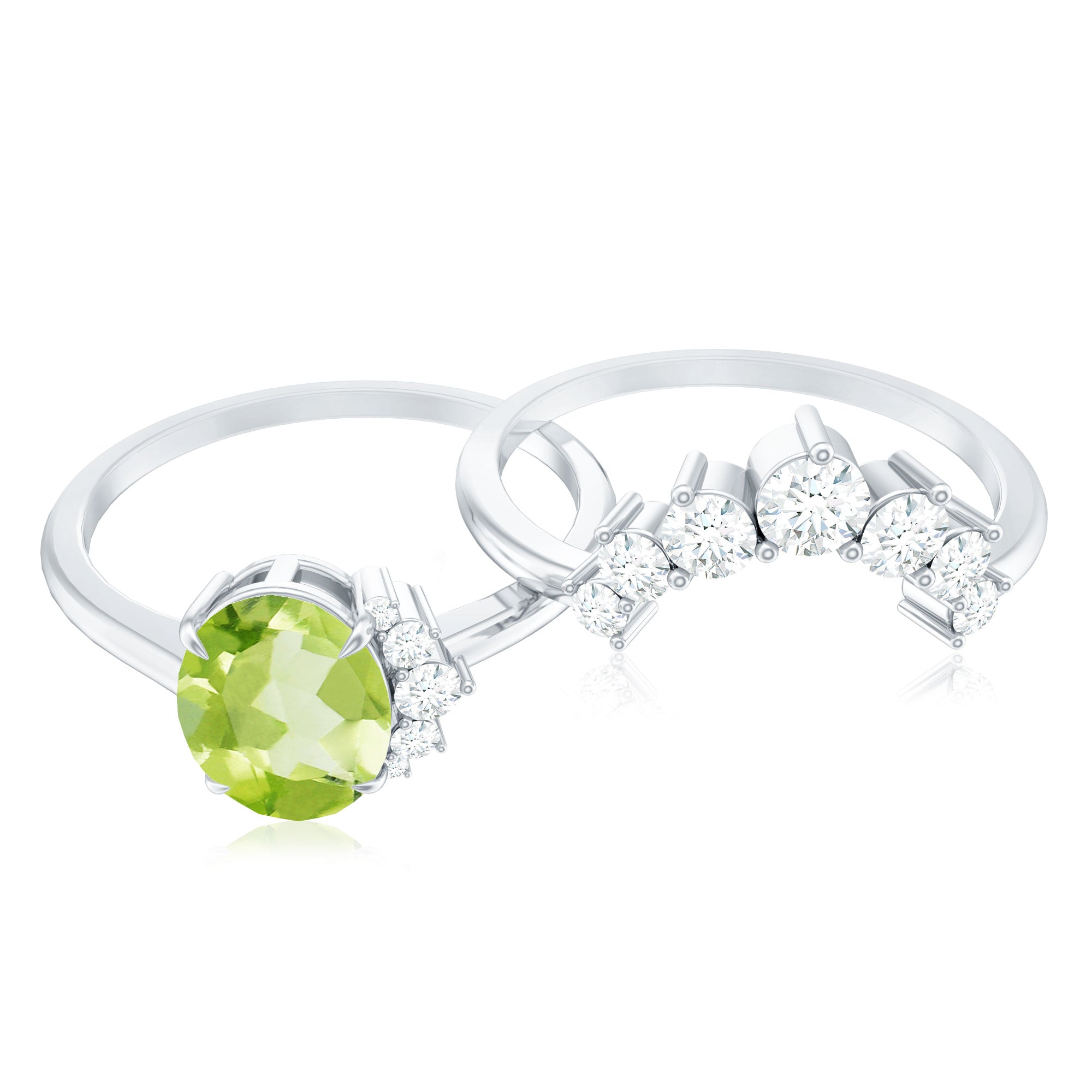 Real 1 Carat Oval Peridot Engagement Ring with Diamond Wedding Band