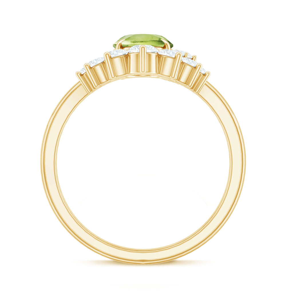 Real 1 Carat Oval Peridot Engagement Ring with Diamond Wedding Band