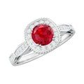 Vintage Inspired Round Created Ruby Engagement Ring with Diamond Halo