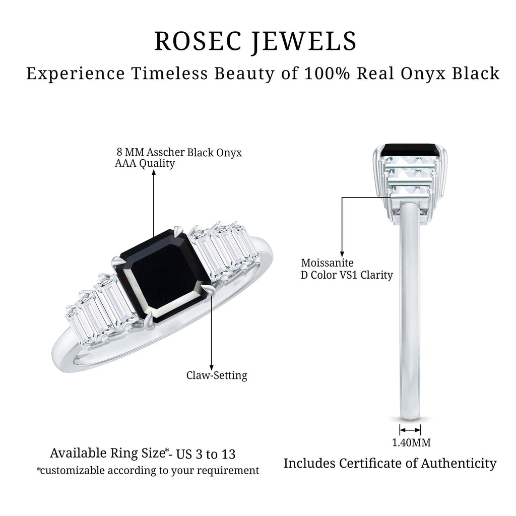 Asscher Cut Black Onyx Engagement Ring with Baguette Moissanite